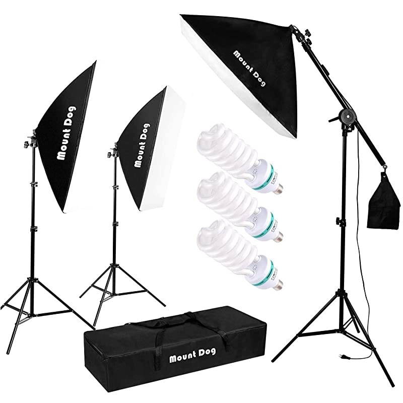 Photography Studio Softbox Lighting Kit Continuous Lighting System Photo with 3pcs E27 95W Bulbs Arm Holder Photo Video Soft Box Lighting Set for YouTube Filming Portrait Shooting