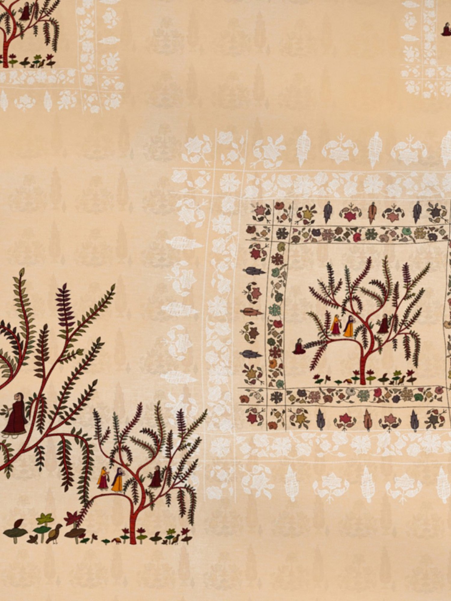 Spaces Chamba Rumal Abstract Beige 300 TC Cotton King Bedsheet with 2 Pillow Covers