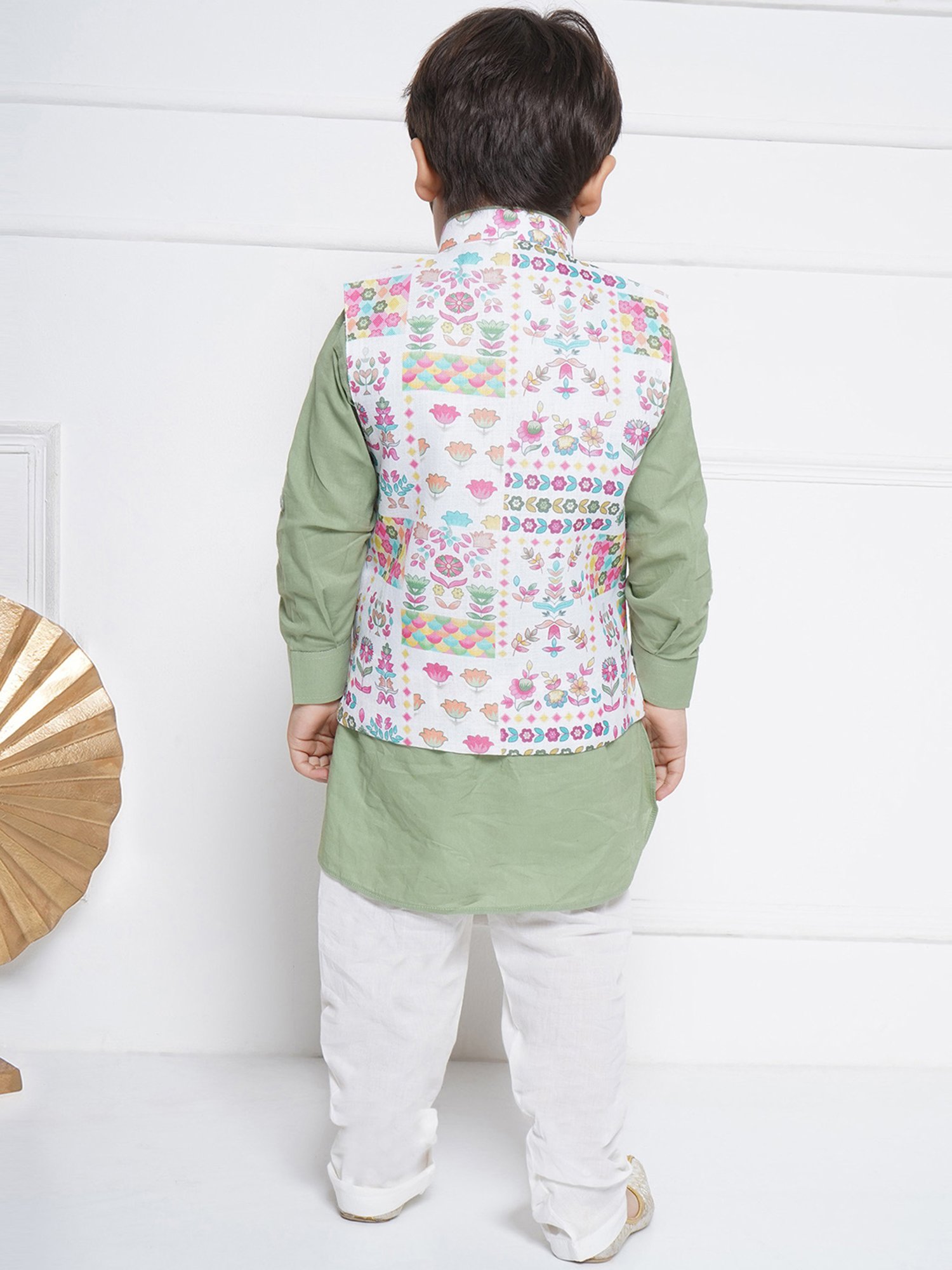 AJ Dezines Kids Green & White Printed Full Sleeves Kurta, Pyjamas with Waistcoat