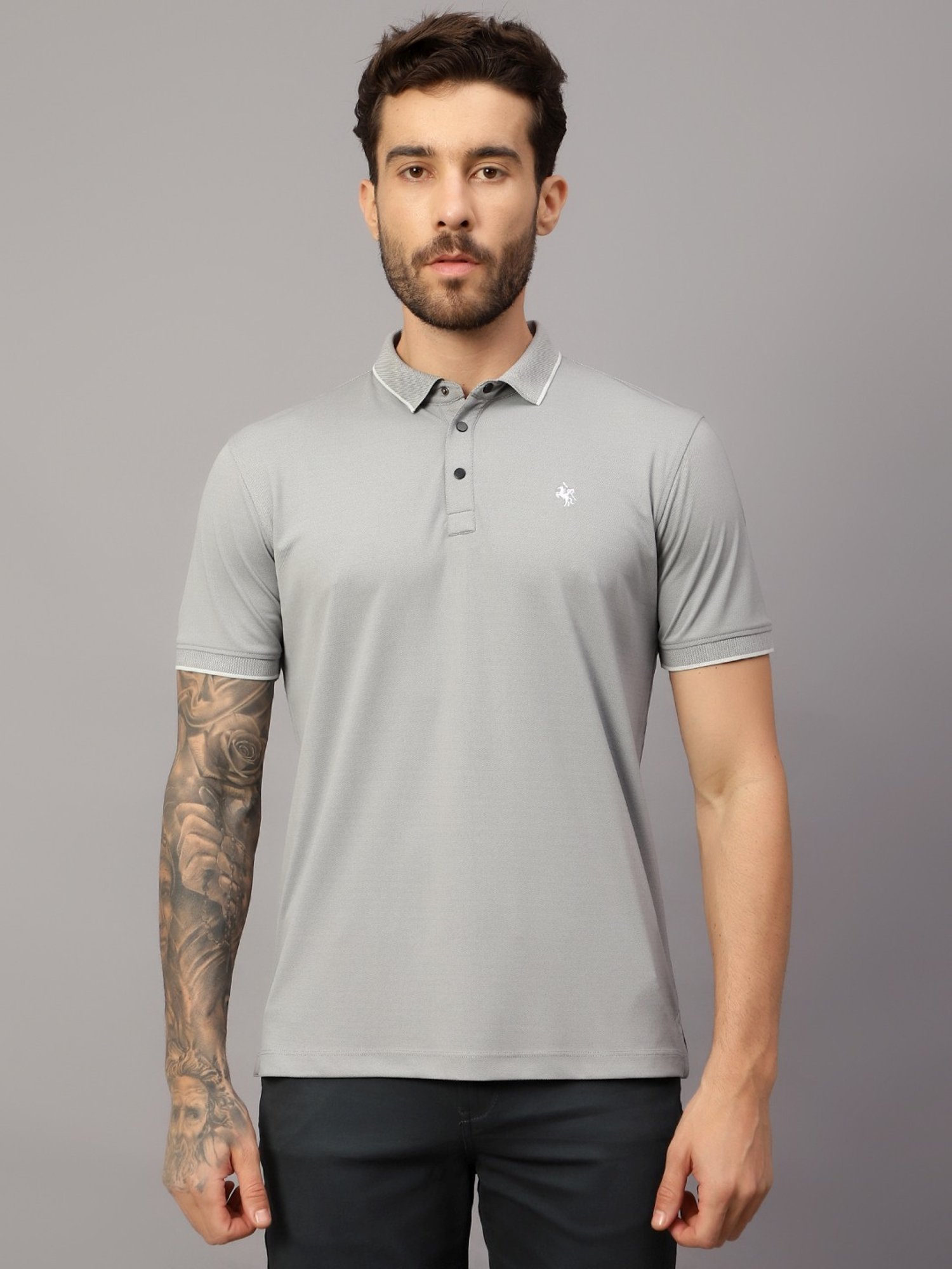 Cantabil Grey Regular Fit Texture Polo T-Shirt