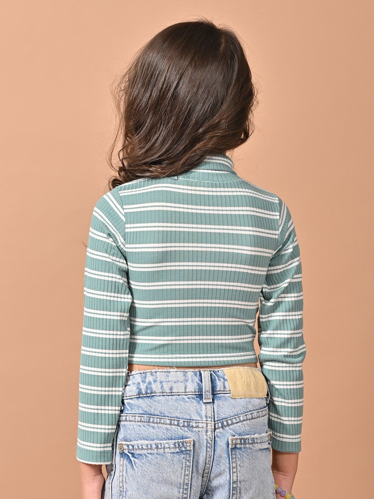 LilPicks Kids Green & White Striped Full Sleeves Crop Top
