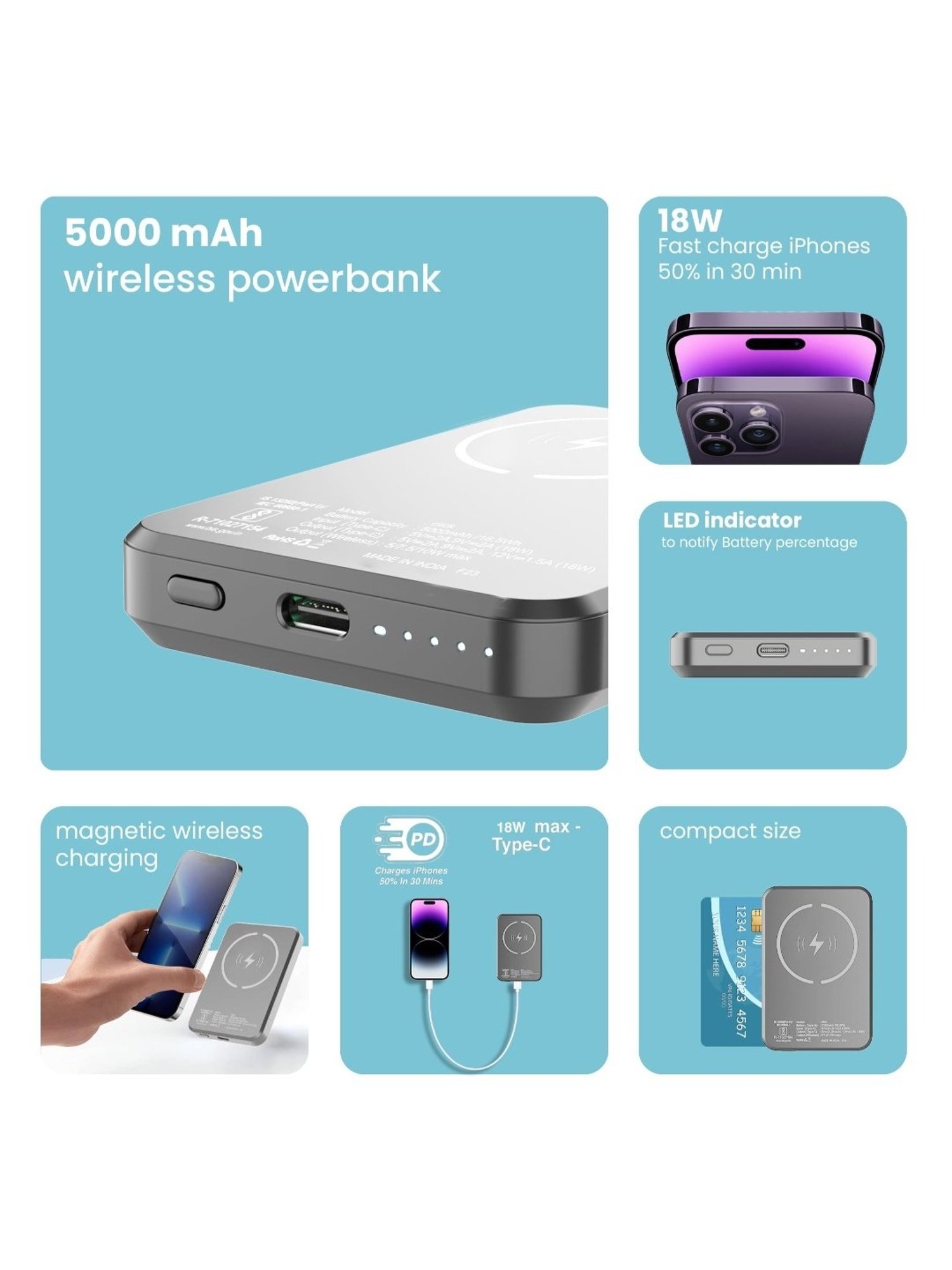 Stuffcool Click 5000mAh Magnetic Wireless Powerbank with 18W PD Type C Port (Metallic Grey)