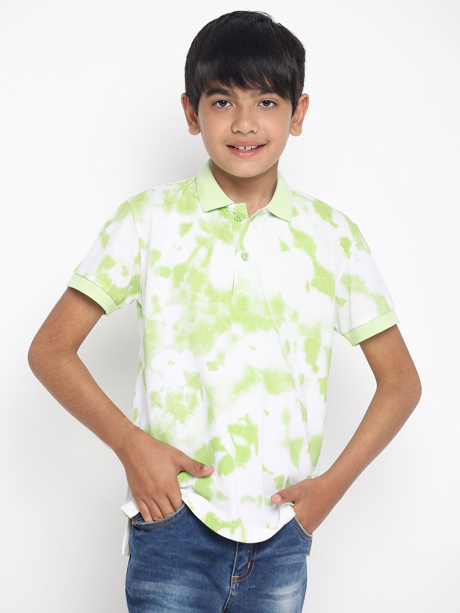 Lil Tomatoes Kids Green & White Tie and Dye Polo T-Shirt