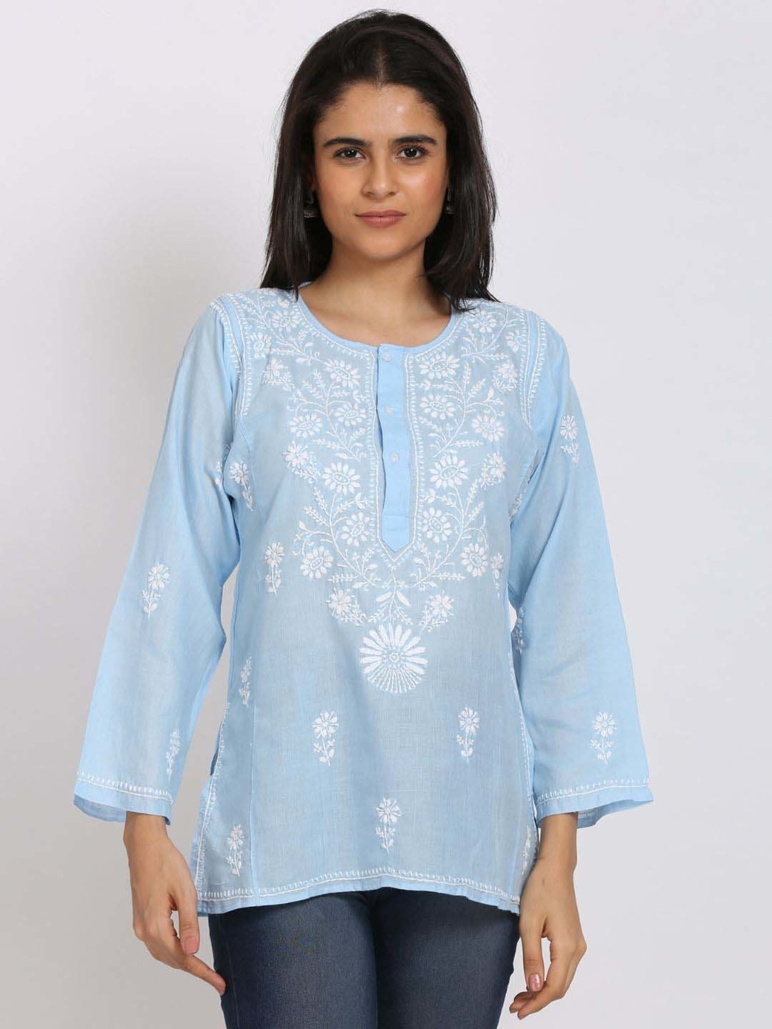 PARAMOUNT CHIKAN Powder Blue Cotton Chikankari Straight Kurti