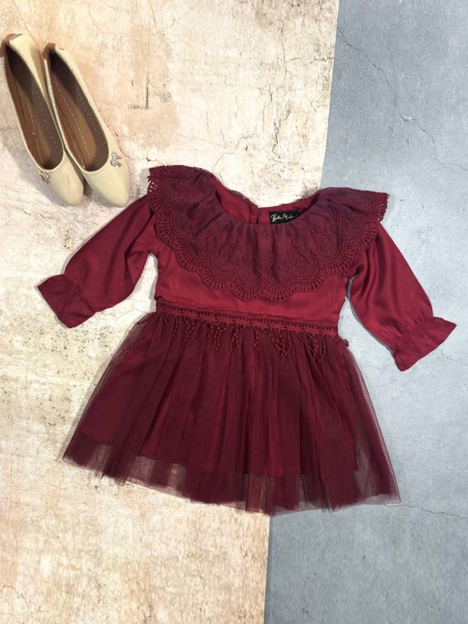 Bella Moda Kids Red Embroidered Full Sleeves Dress