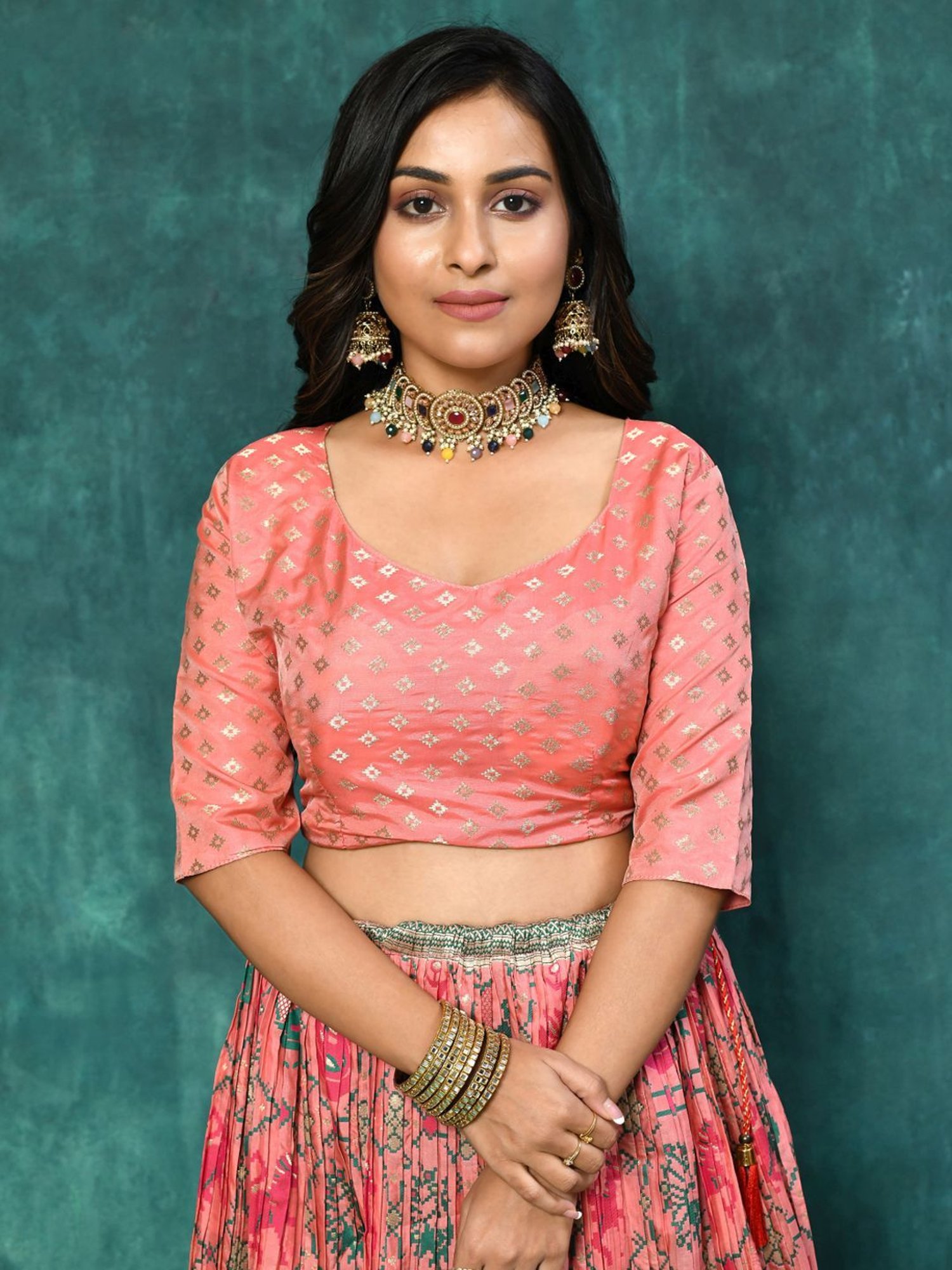 Elora Pink Woven Pattern Semi Stitched Lehenga Choli Set With Dupatta