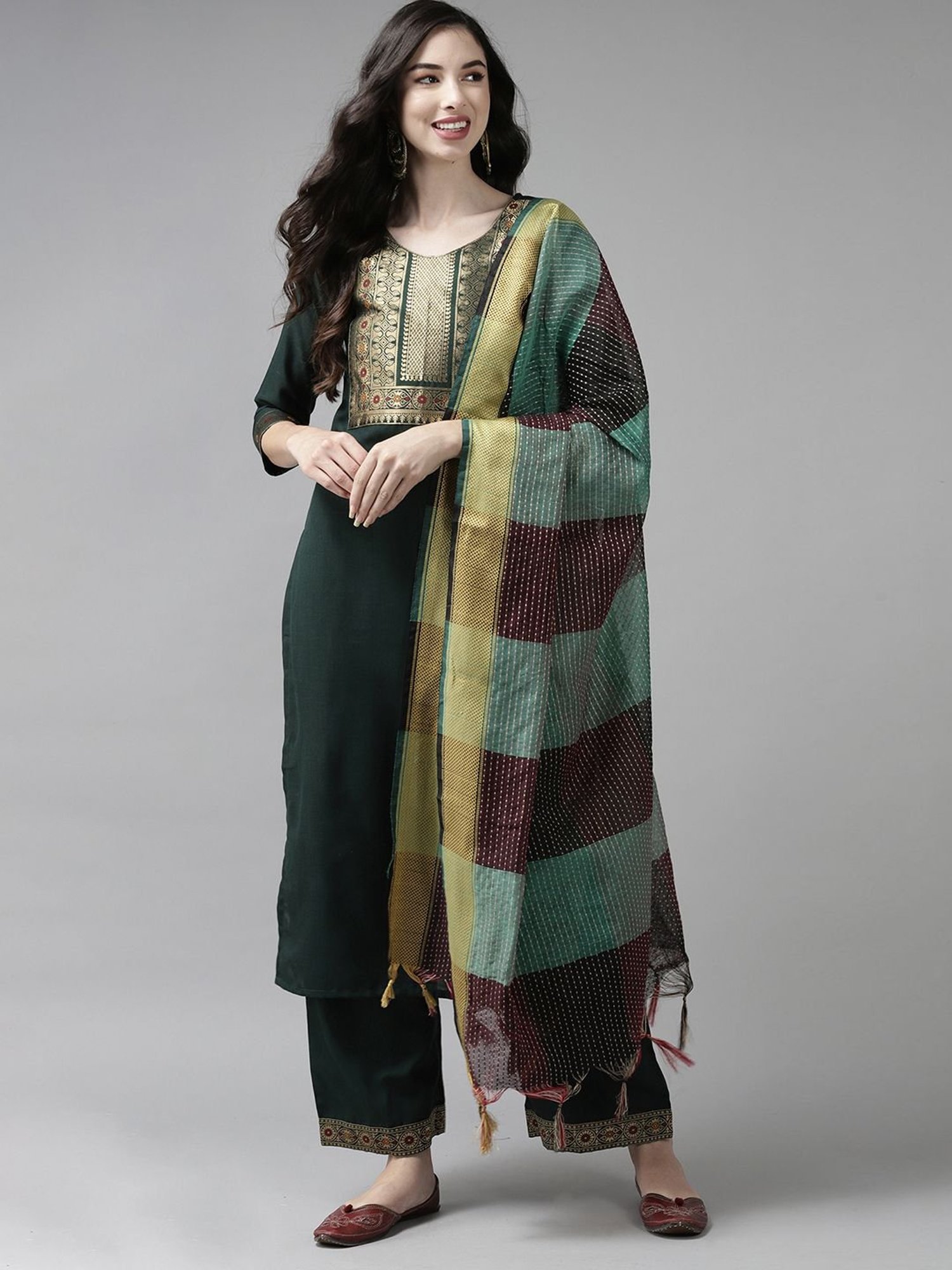 Indo Era Green & Maroon Striped Dupatta