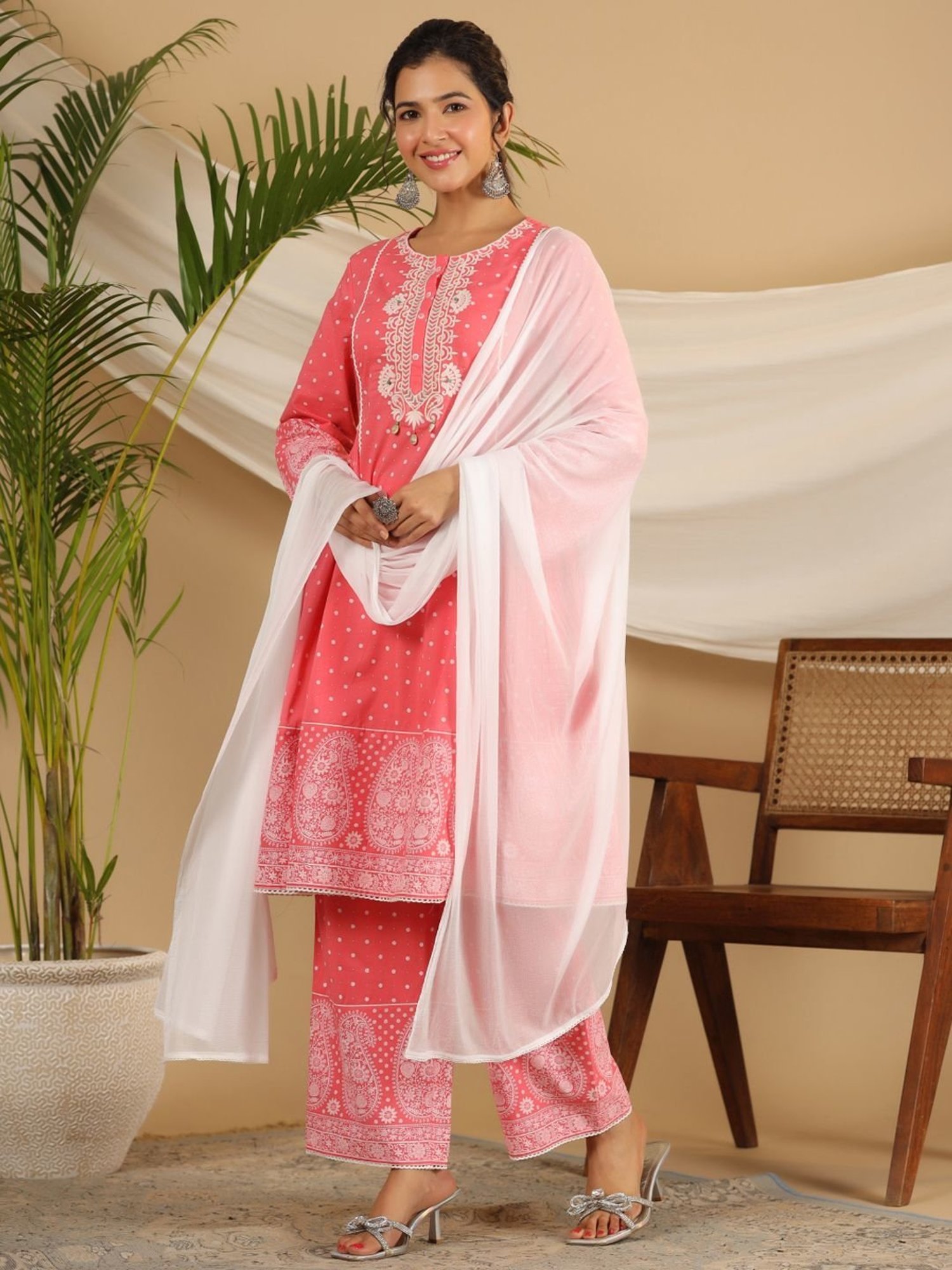 Juniper Pure Cotton Coral Ethnic Motif Printed Kurta With Palazzo Set With Thread Embroidery