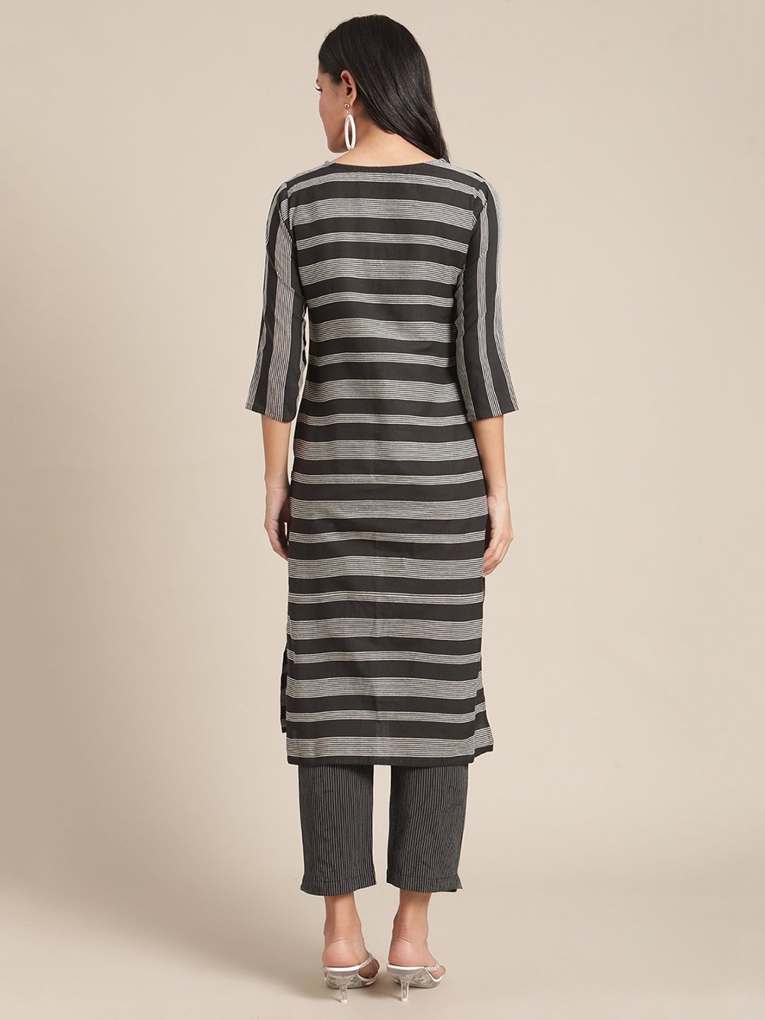KSUT Black Cotton Blend Striped Kurta Pant Set