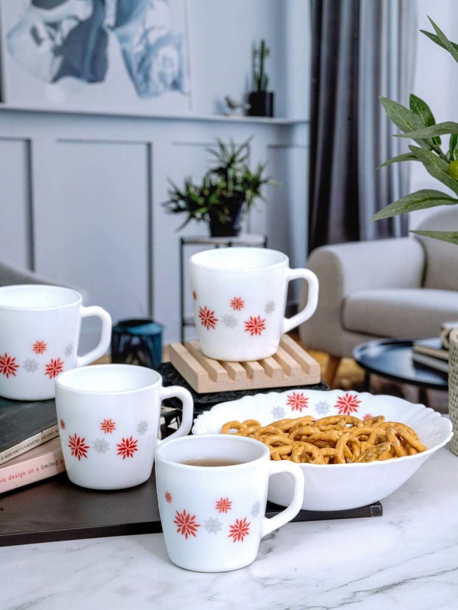 Cello White Opalware 4 Ricca Mug & 1 Bowl  (0.18 L)