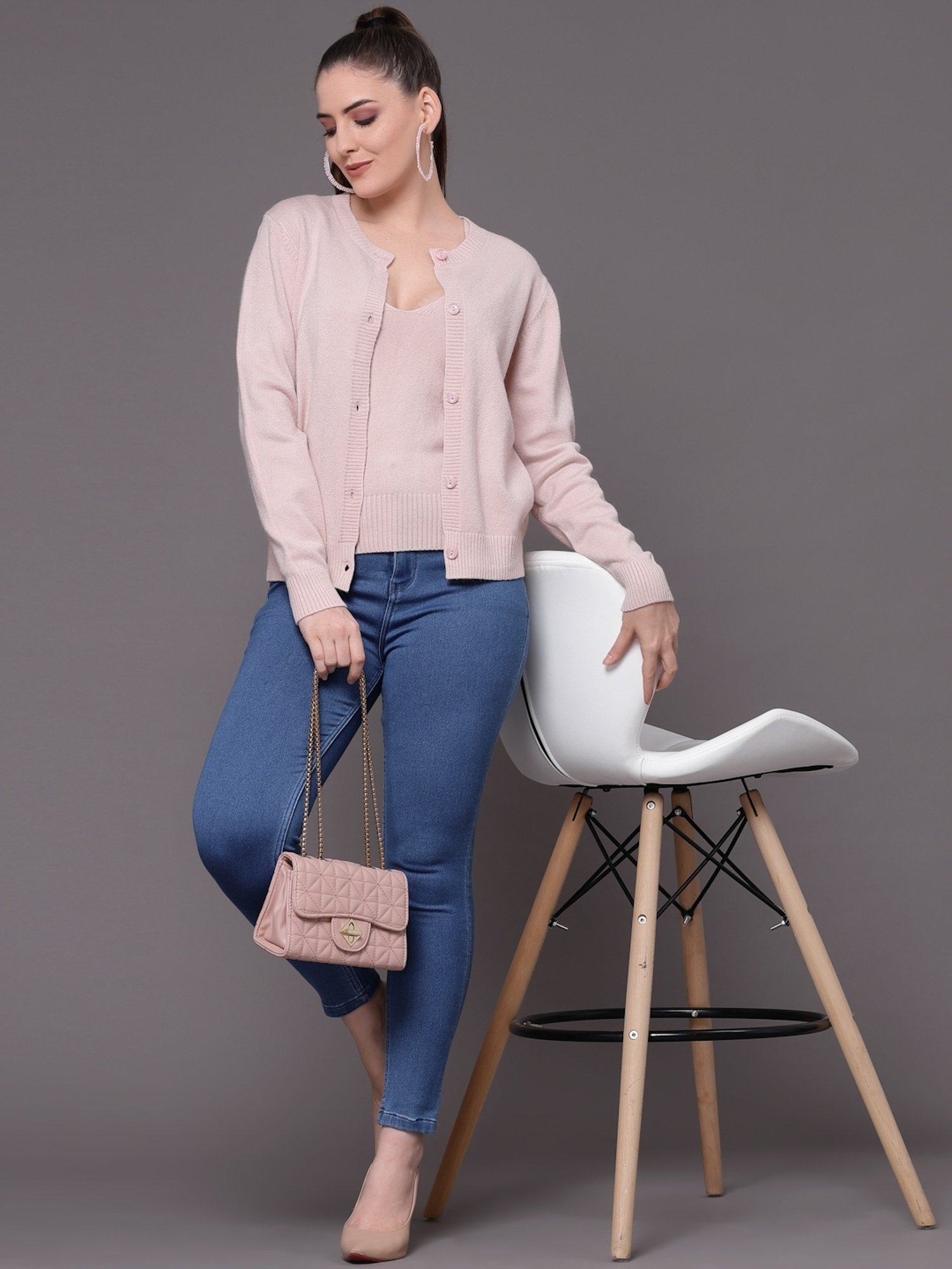 Mafadeny Peach Round Neck Cardigan