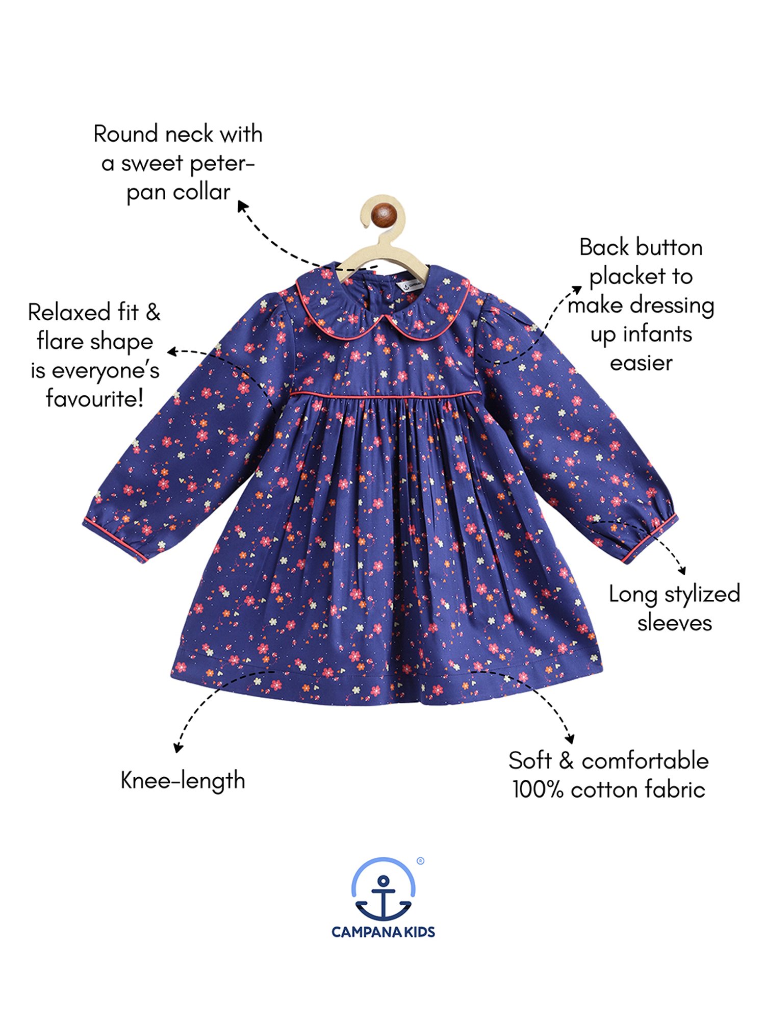 Campana Kids Navy Floral Print Full Sleeves Dress