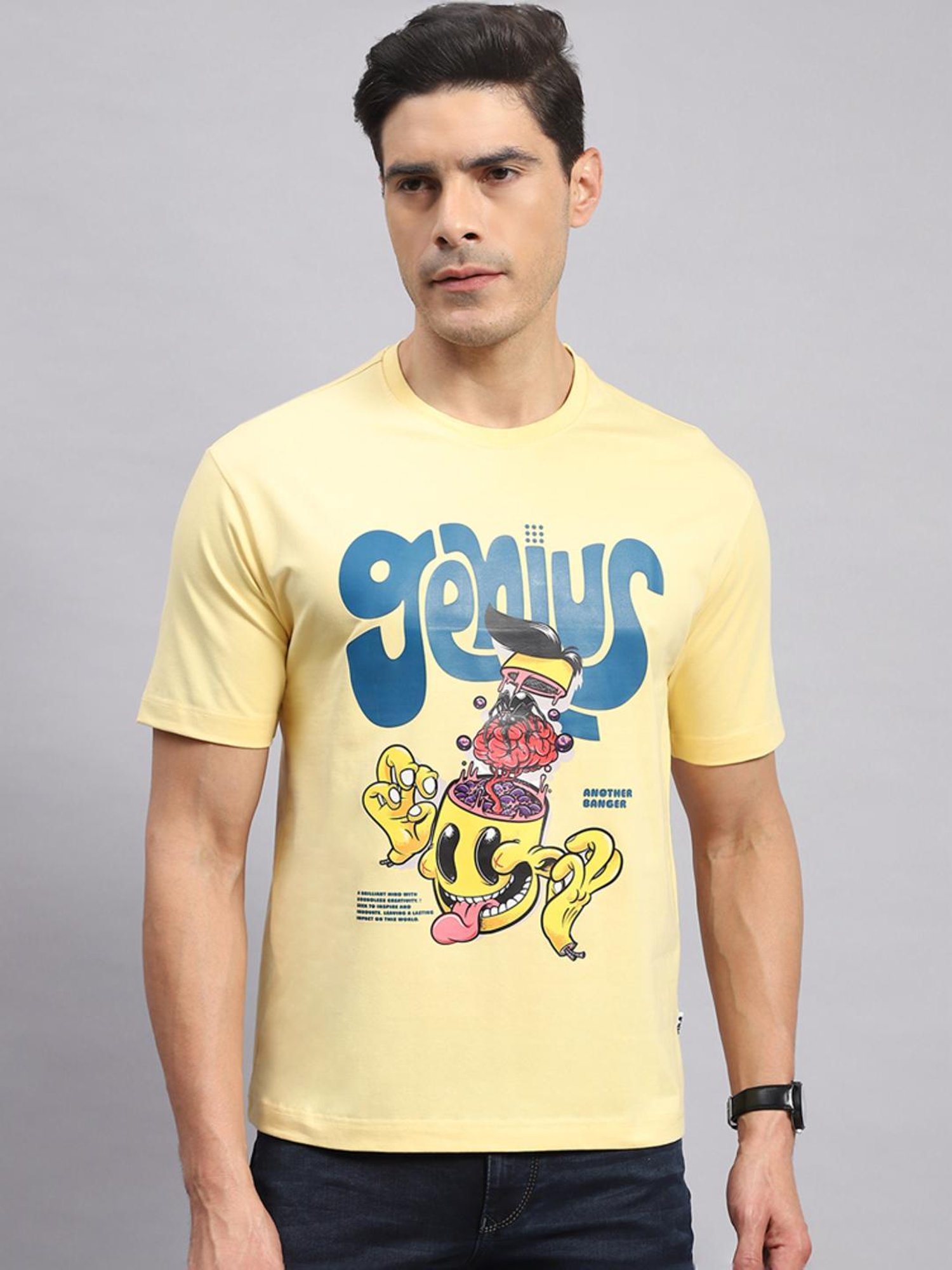 Rock.it Yellow Cotton Regular Fit Printed T-Shirt