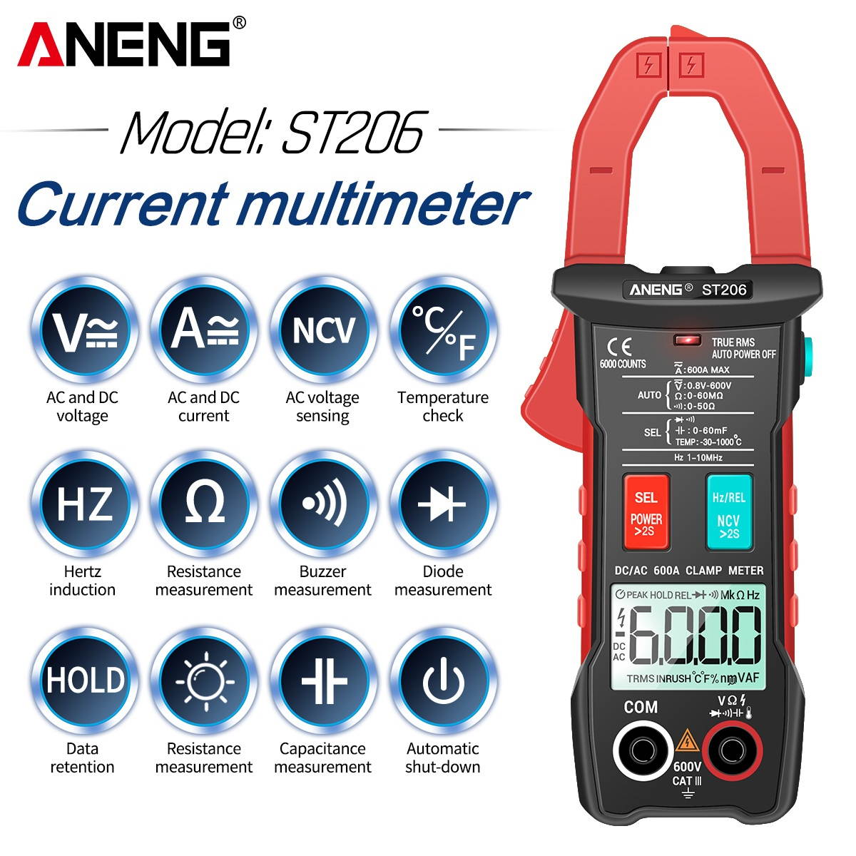 ANENG Digital Clamp Meter AC/DC Current Clamp True-RMS Multimeter Auto-Ranging Multi Tester with Amp Volt Ohm Inrush Current Resistance Capacitance Continuity Diode Temperature Frequency NCV Tests for