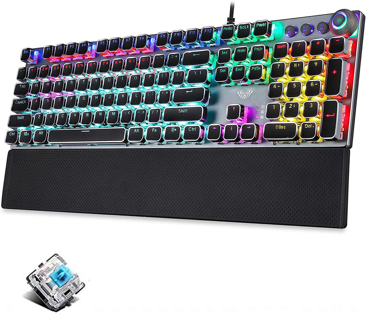 AULA F2088 True Mechanical Gaming Keyboard Multimedia Alloy Lighting Knob 104 Keys Anti-Ghost Marco Programming, Dual-Core IC Chip Metal Panel Wired LED Backlit Keyboard for PC Game