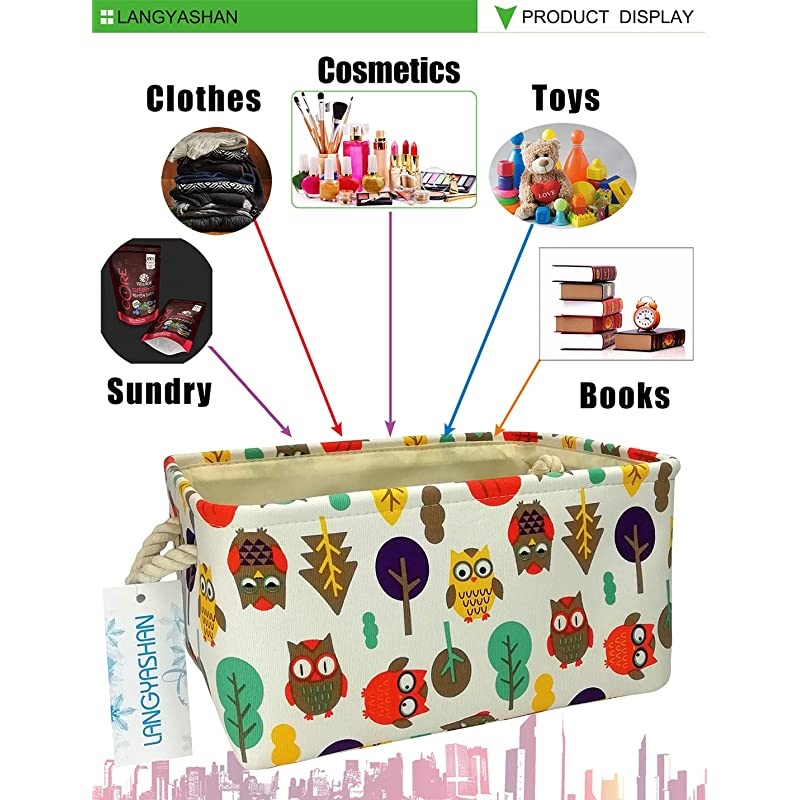 Rectangular Storage Bin Collapse Canvas Fabric Cartoon Storage Basket with Handles for Organizing Home Kitchen Boys and Girls Toys Office Closet Shelf Baskets (Owl)