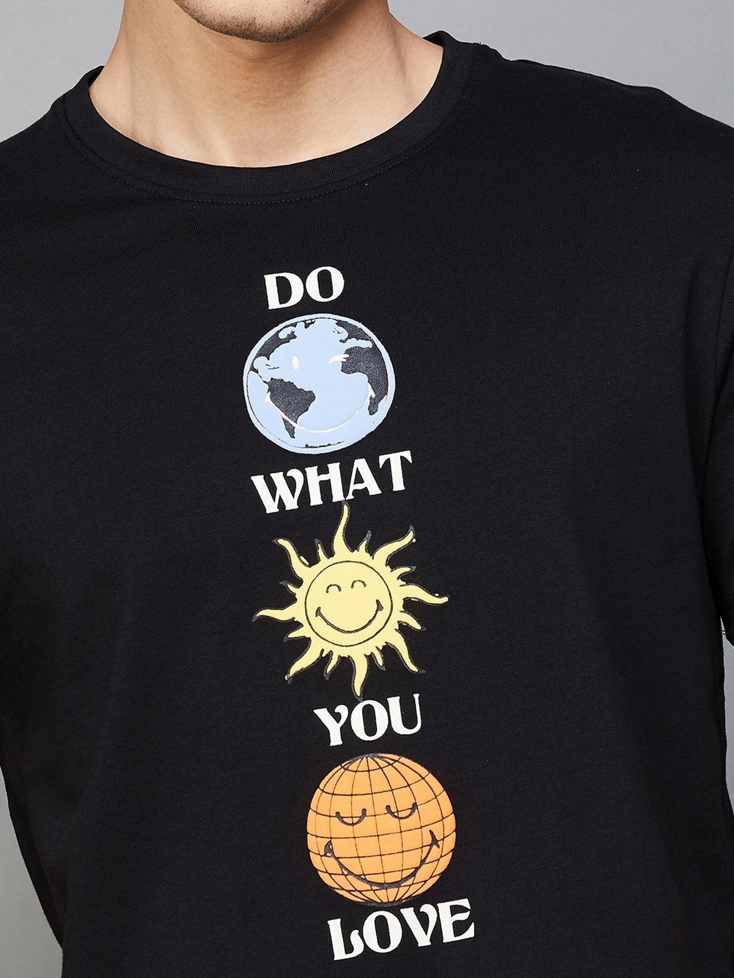 Smileyworld Black Cotton Regular Fit Printed T-Shirt