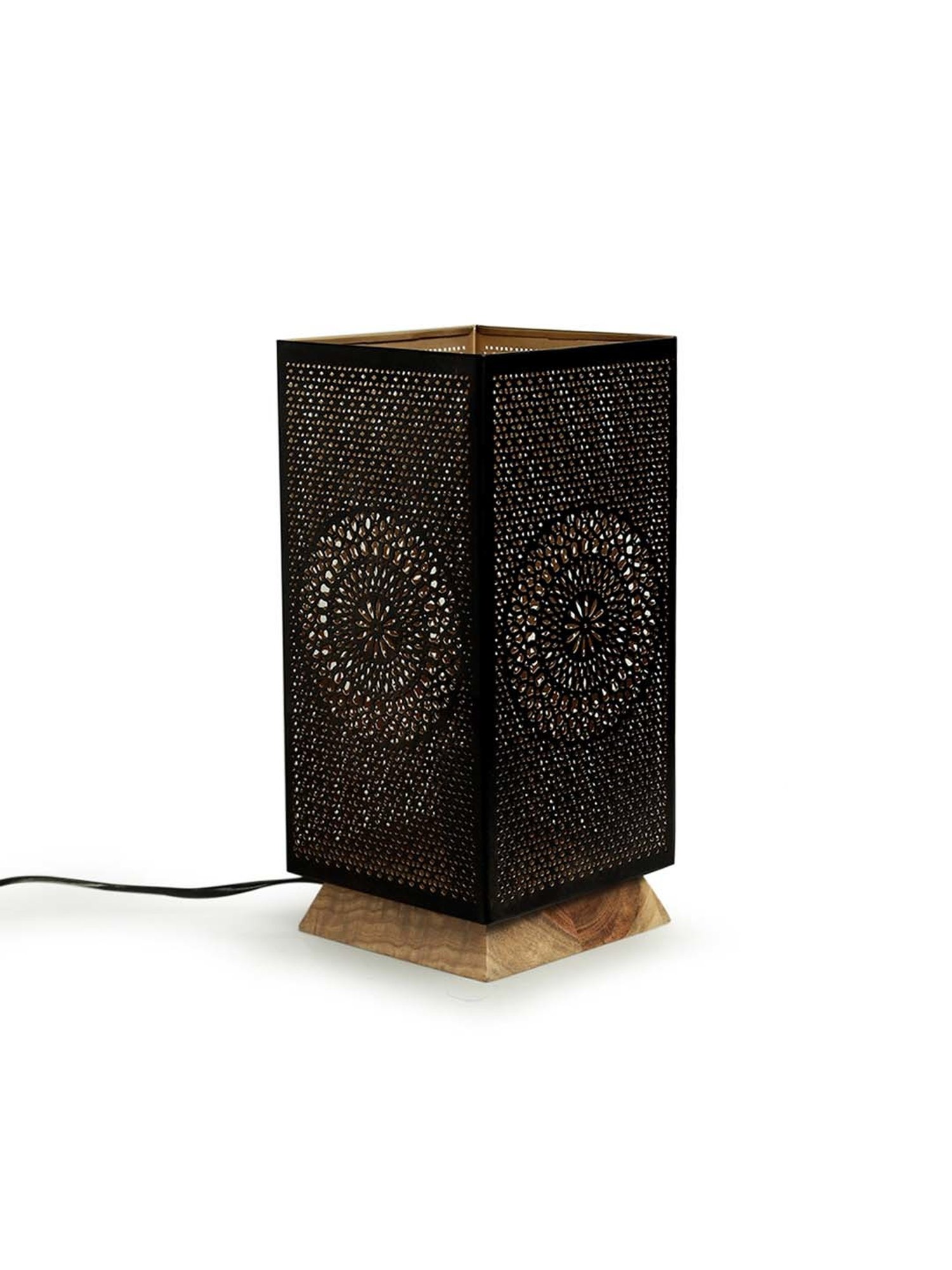 ExclusiveLane Mandala Star Hand Etched Table Lamp In Iron & Mango Wood (11 Inch)