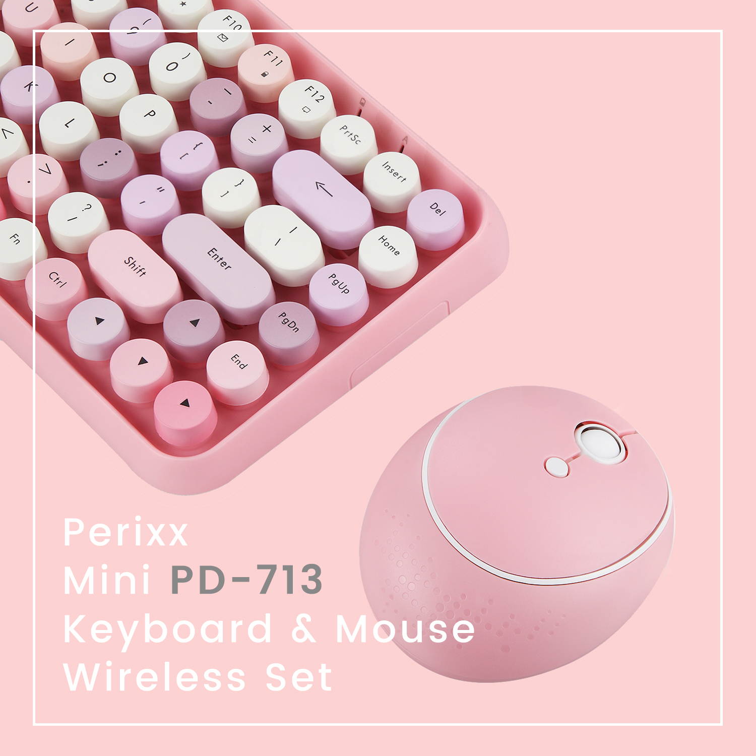 Perixx PERIDUO-713 Wireless Mini Keyboard and Mouse Combo, Retro Round Key Caps, Pink, 12 shortcut hotkey, Mini Optical Mouse, VINTAGE TYPEWRITER STYLE