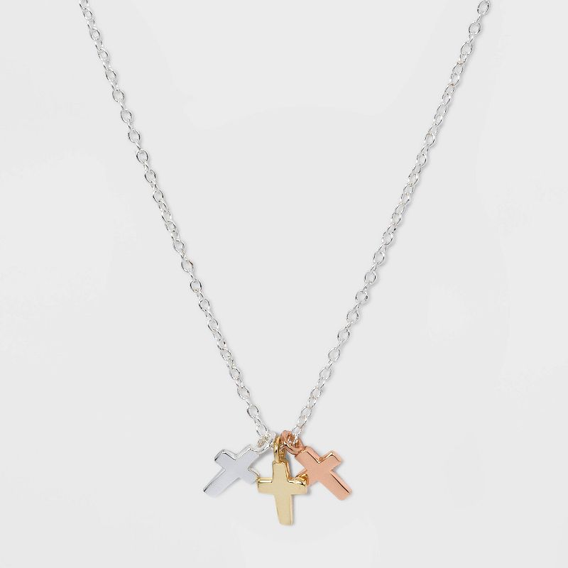 Sterling Silver Triple Cross Tri Tone Necklace - Silver