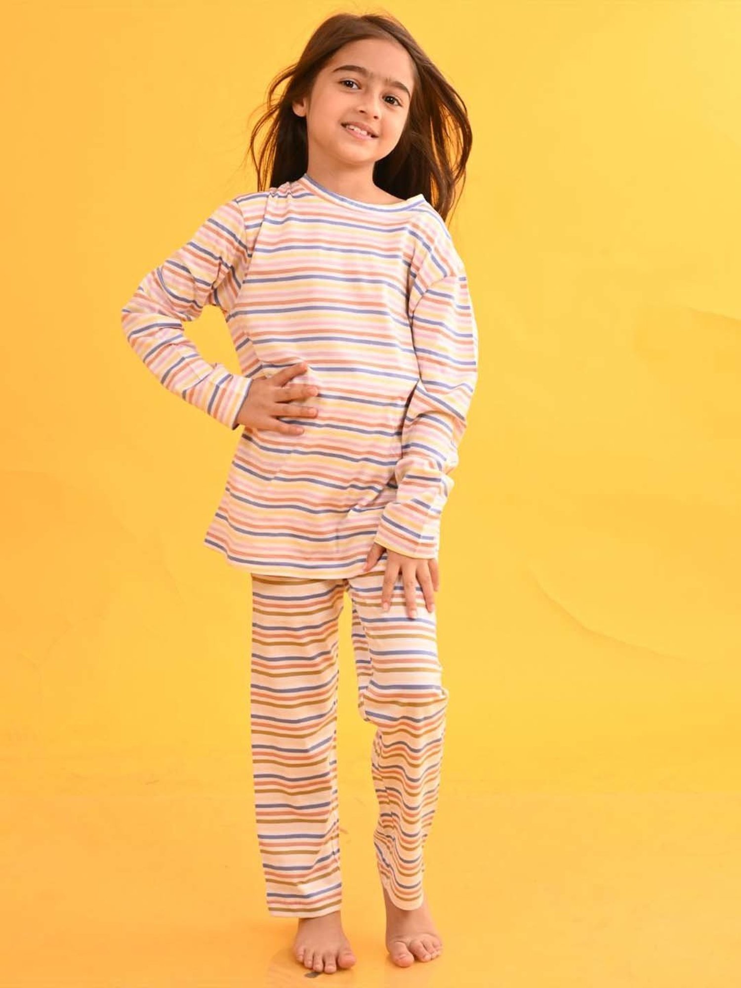 Anthrilo Kids Beige Cotton Striped Full Sleeves T-Shirt & Trouser