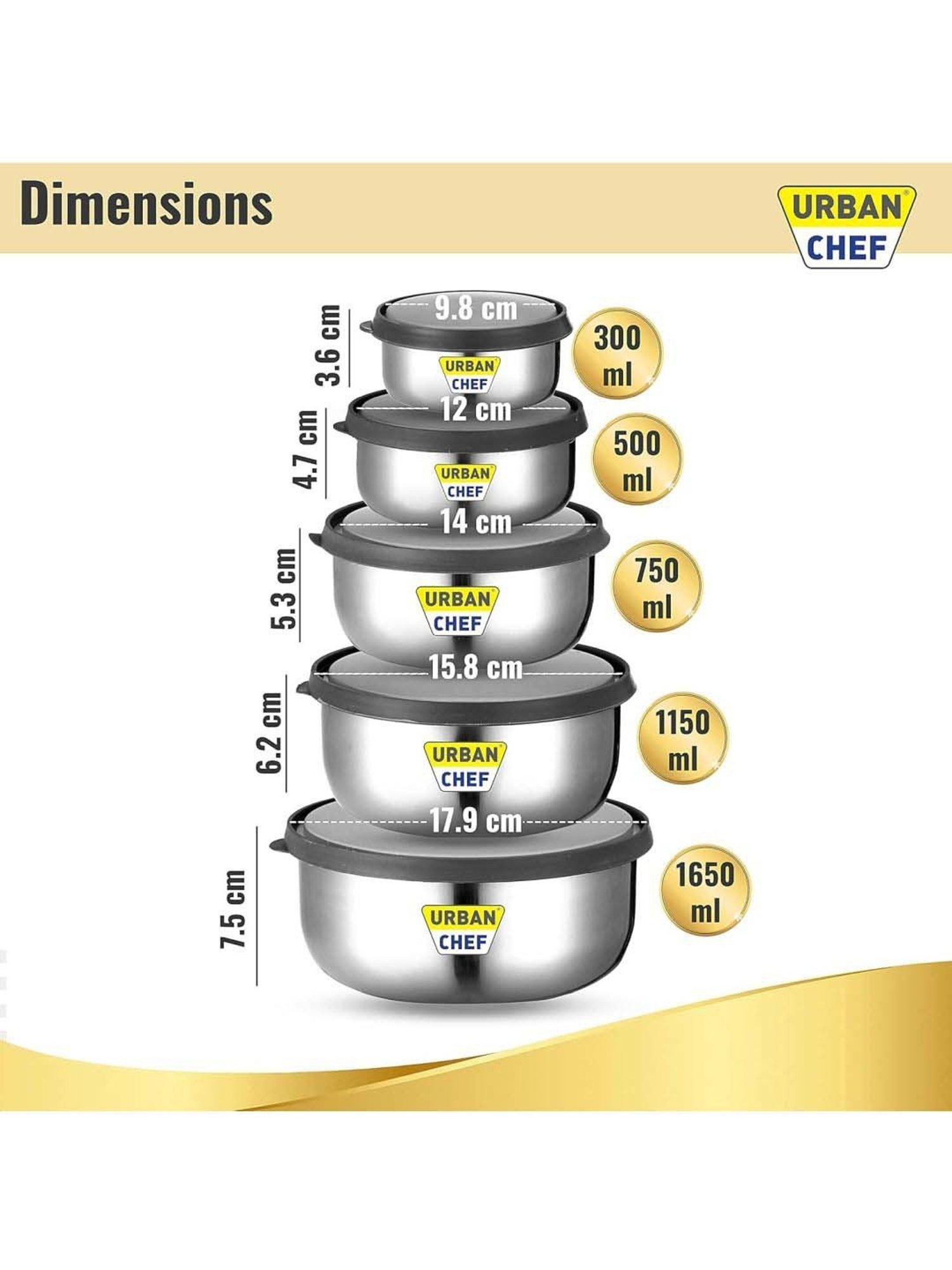 Urban Chef Transparent Stainless Steel Fresca Push & Lock Bowl Storage Set With Lid - Set of 5