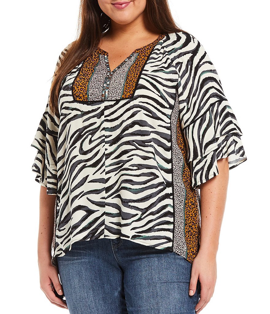 Democracy Plus Size Mixed Animal Border Print Bead Split Round Neck Detail Tassel Hemline Double Flounce 3/4 Sleeve Top