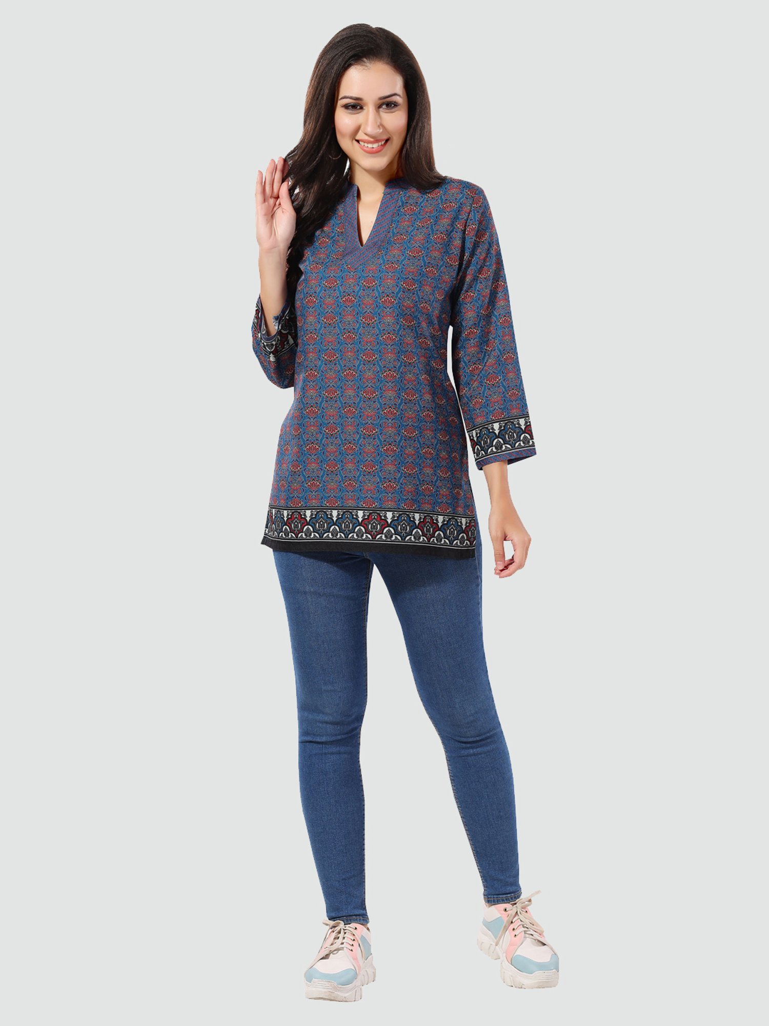 Saree Swarg Dark Blue Printed A Line Short Kurti