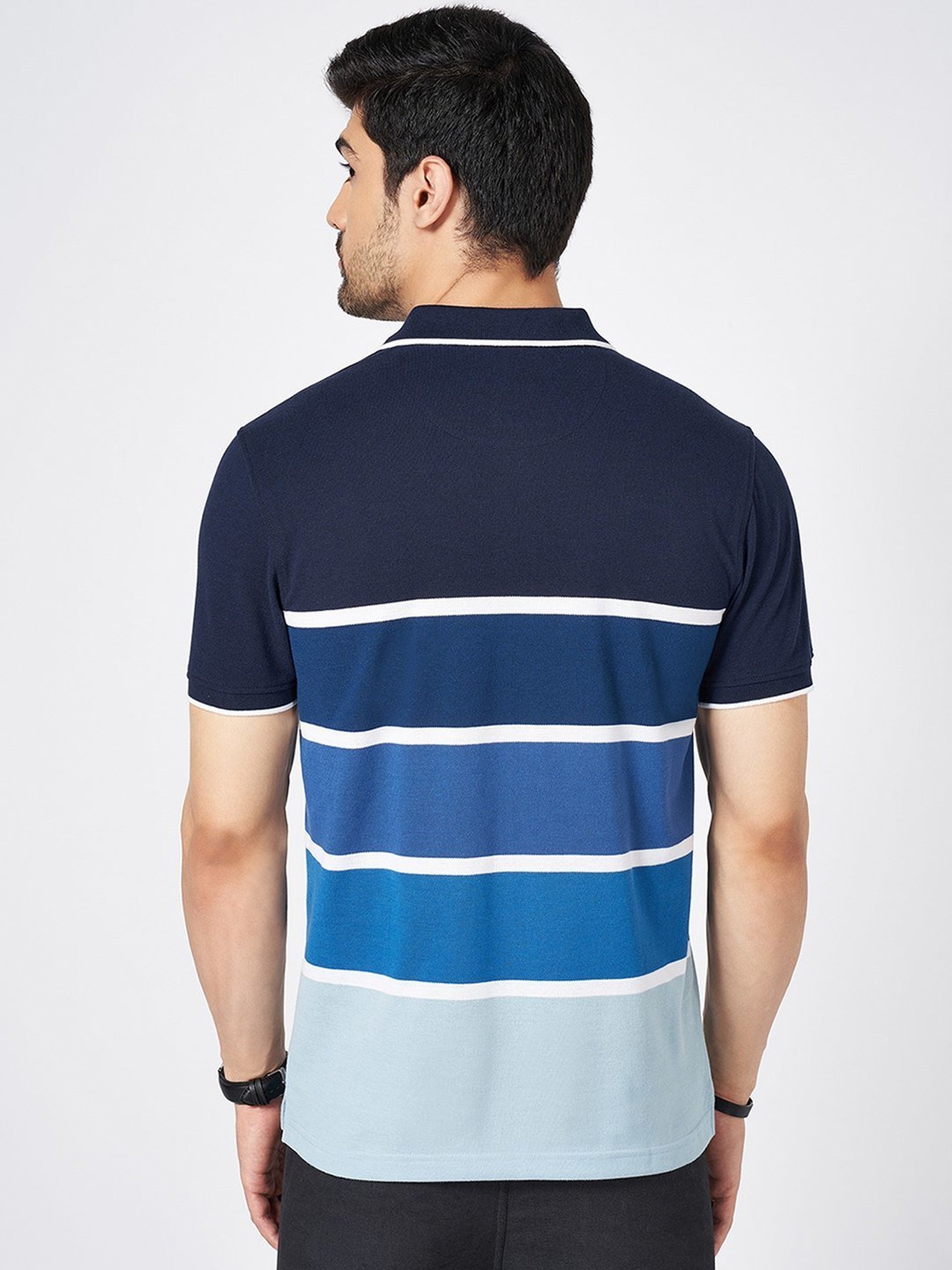 Byford By Pantaloons Blue Slim Fit Striped Polo T-Shirt