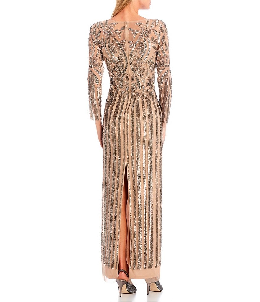 Aidan Mattox Fully Beaded Mesh Crew Neck Long Sleeve Gown