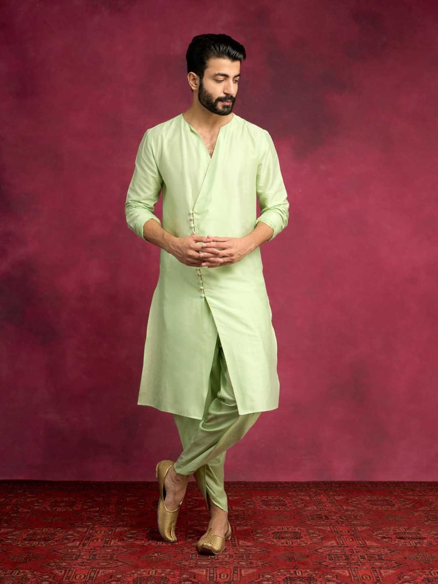 Abhishti Green Straight Fit Paneled Angrakha Kurta & Tulip Pants Set
