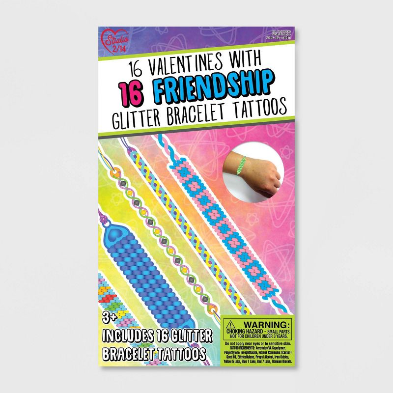 16ct Valentines with Friendship Glitter Bracelet Tattoos