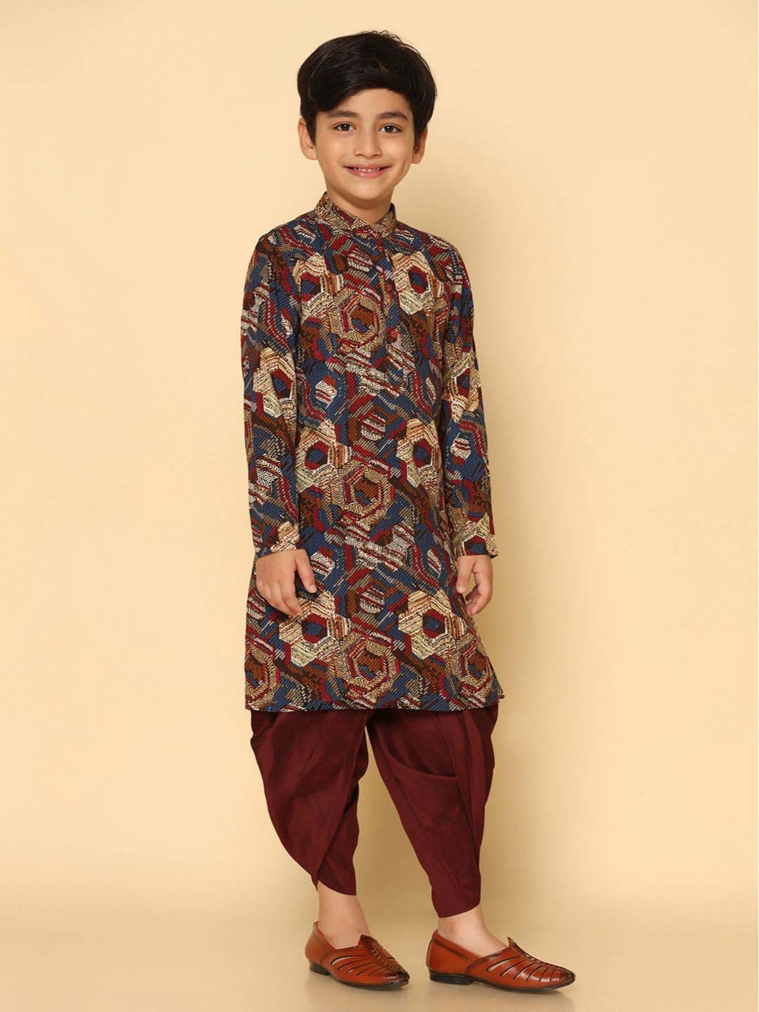 KISAH Kids Maroon & Blue Printed Full Sleeves Kurta Set