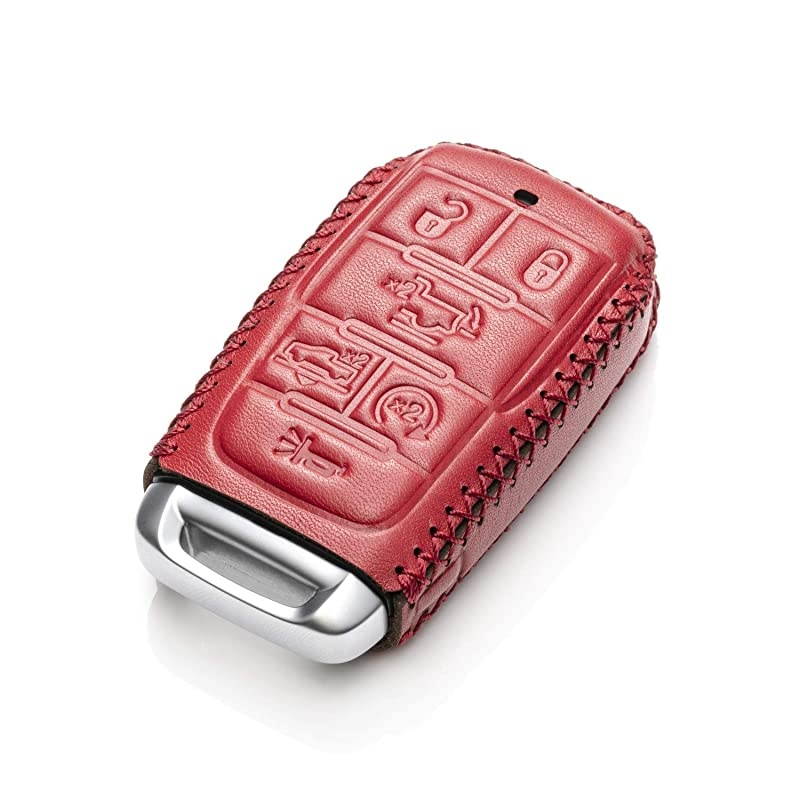 Genuine Leather Keyless Entry Remote Control Smart Key Case Cover with Leather Key Chain for 2019 2021 RAM 1500 6Button Red
