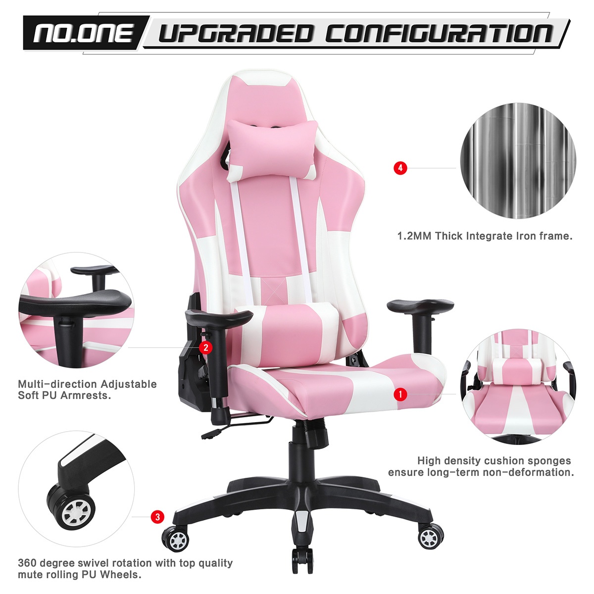 YOUTHUP Racing Style Gaming Chair Adjustable Ergonomic Computer Desk Chair,PU Leather Racing Reclining Swivel High Back Chair with Headrest and Lumbar Support,Pink