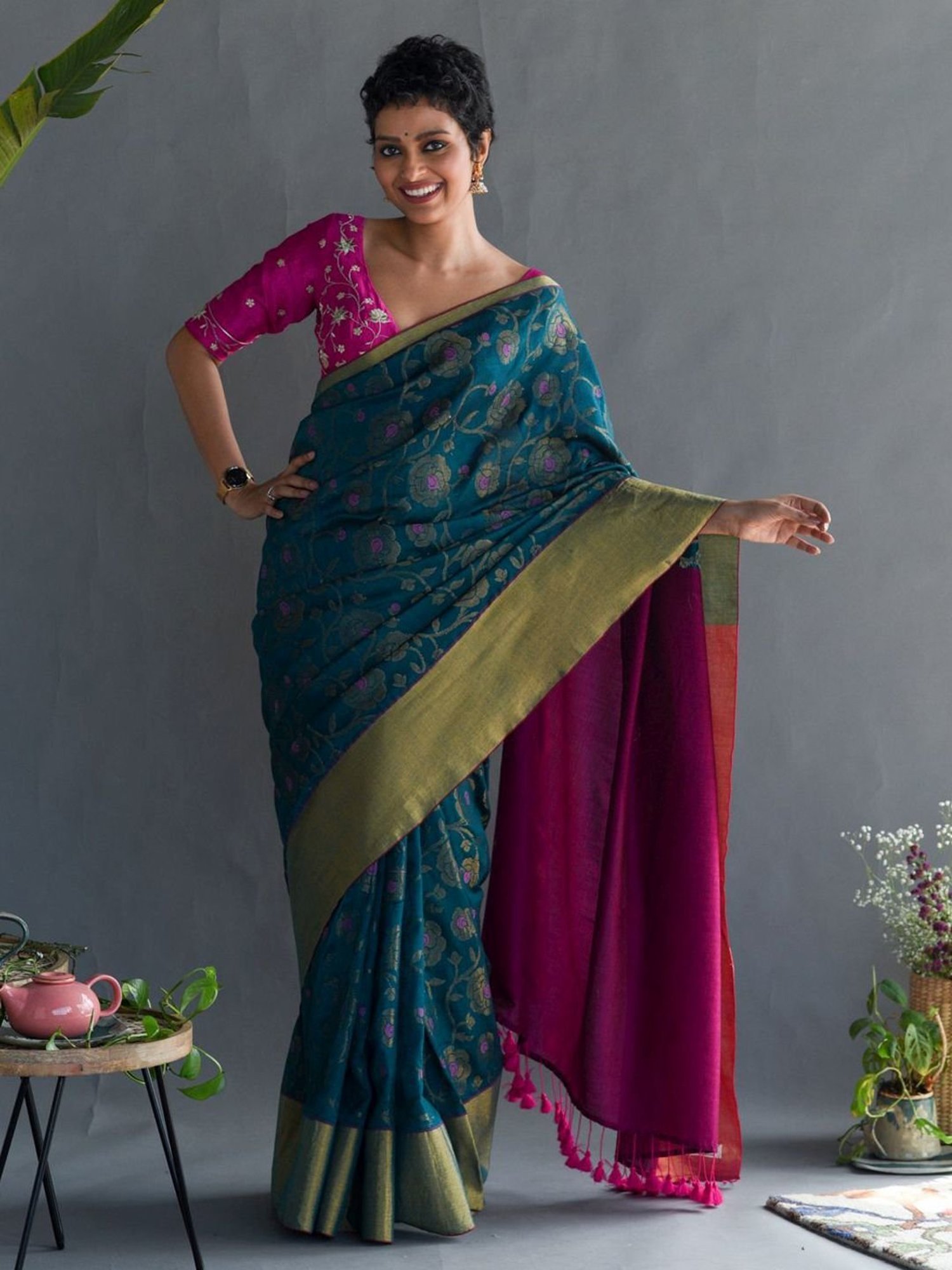 Unnati Silks Red Silk Printed Saree With Unstitched Blouse