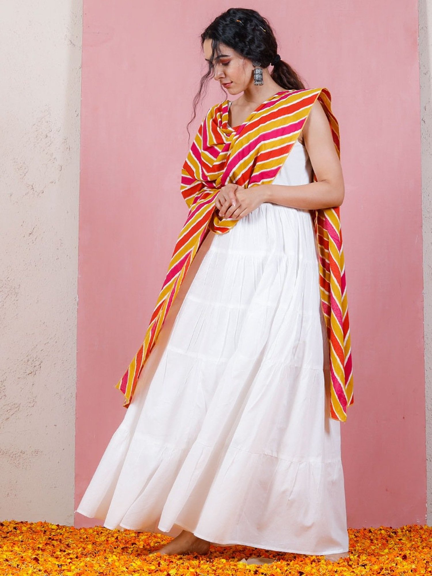 Rustorange White A Line Kurta With Dupatta