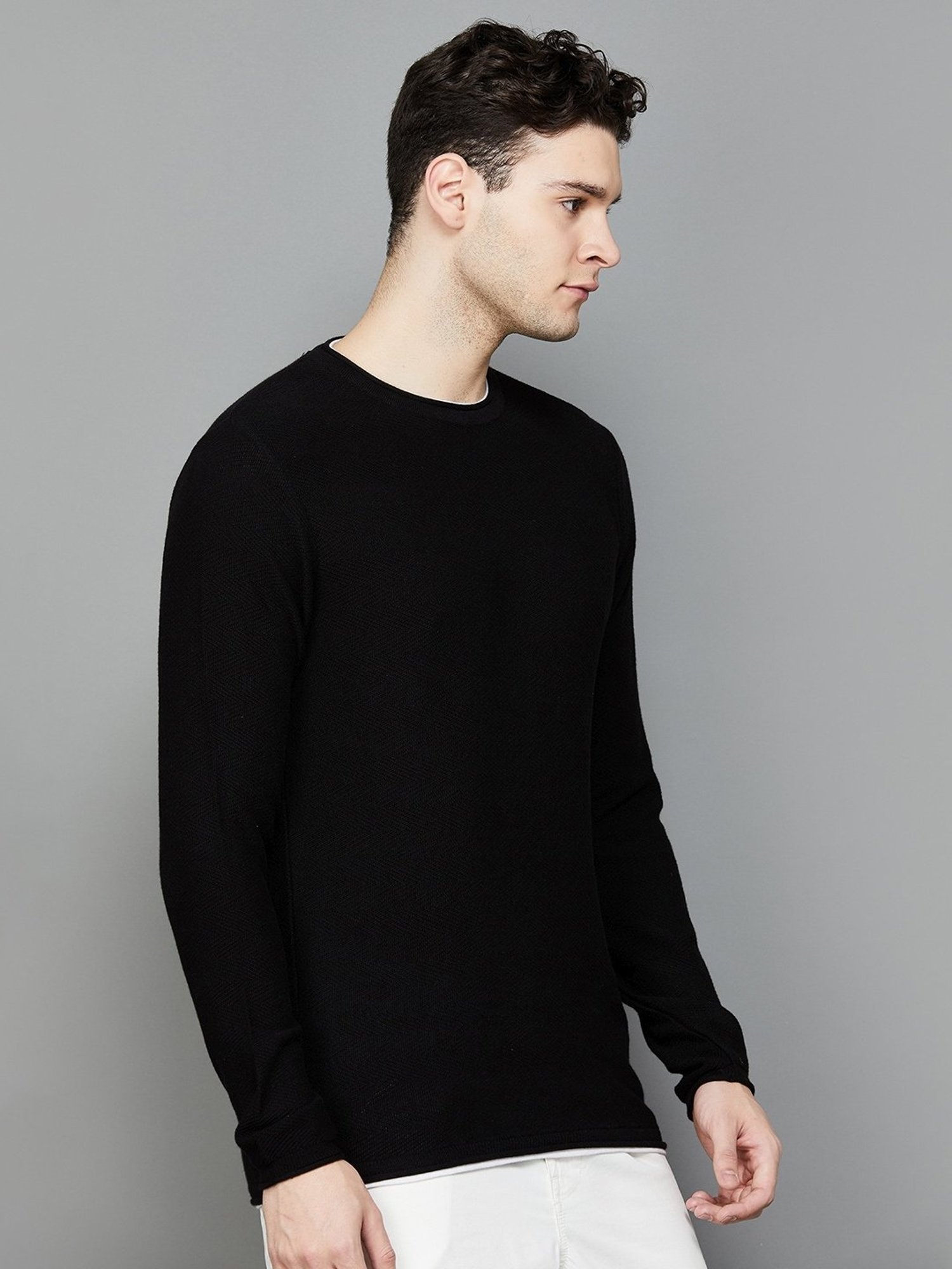 BOSSINI Black Cotton Regular Fit Texture Sweater