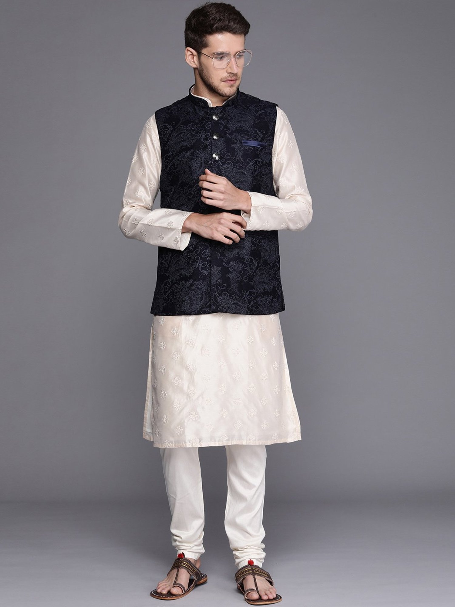 Manyavar Dark Blue Regular Fit Self Design Nehru Jacket