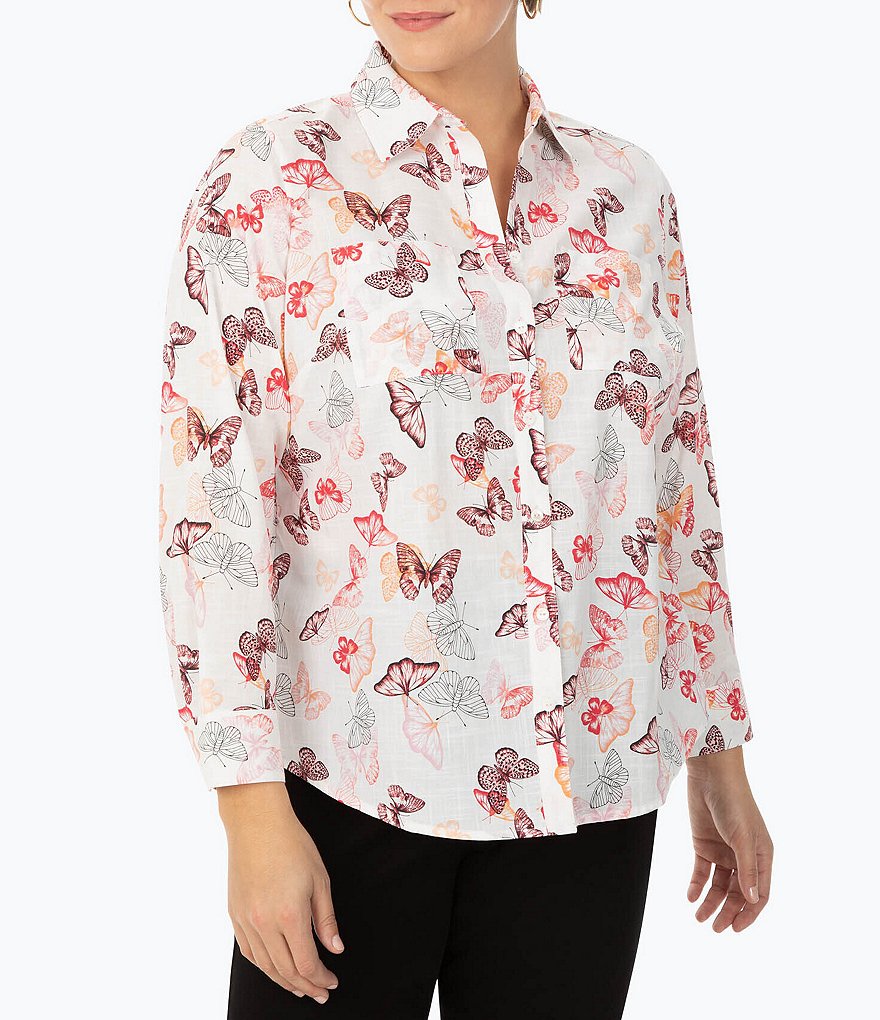 Foxcroft Plus Size Zoey Butterfly Print Point Collar Neck Long Sleeve Shirt