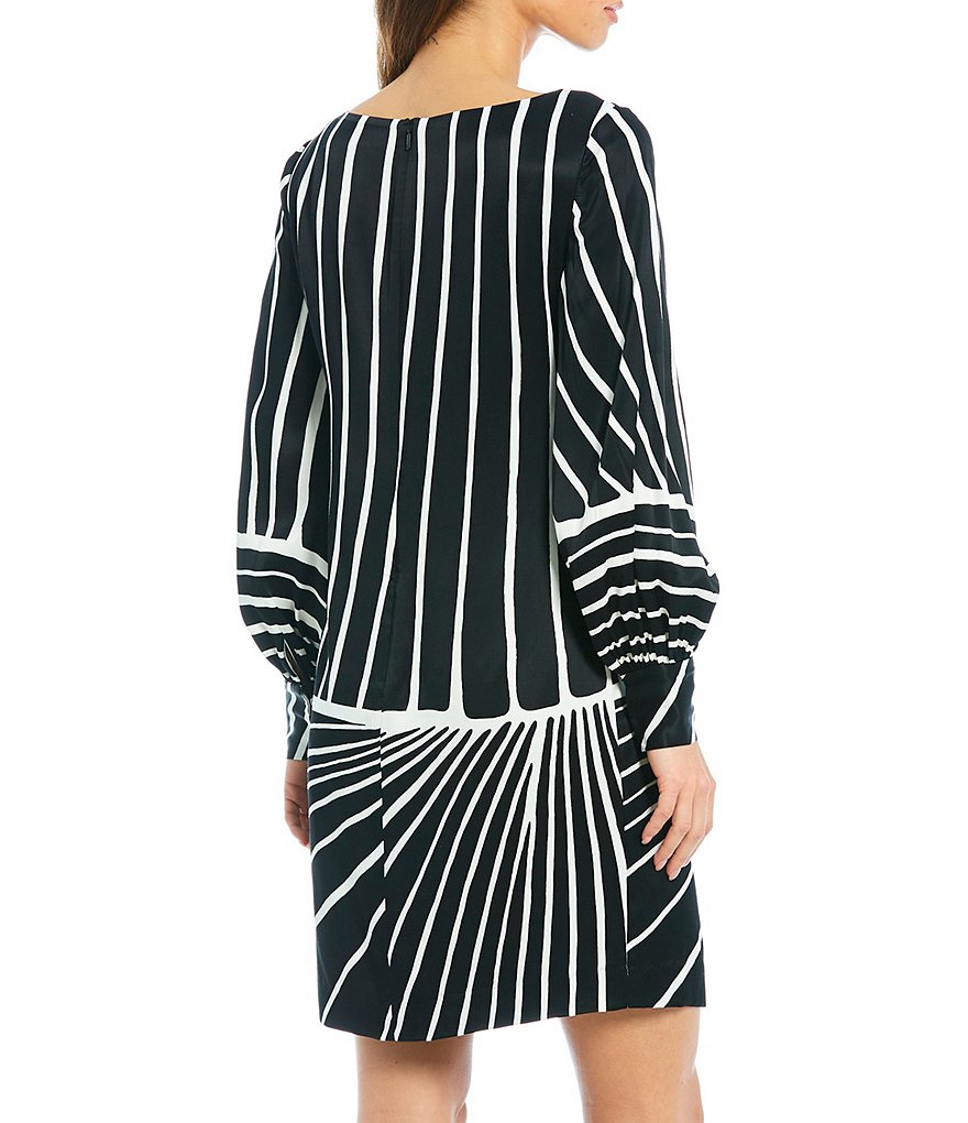 Trina Turk Decor Stripe Placed Print Bateau Neck Balloon Long Sleeve Dress