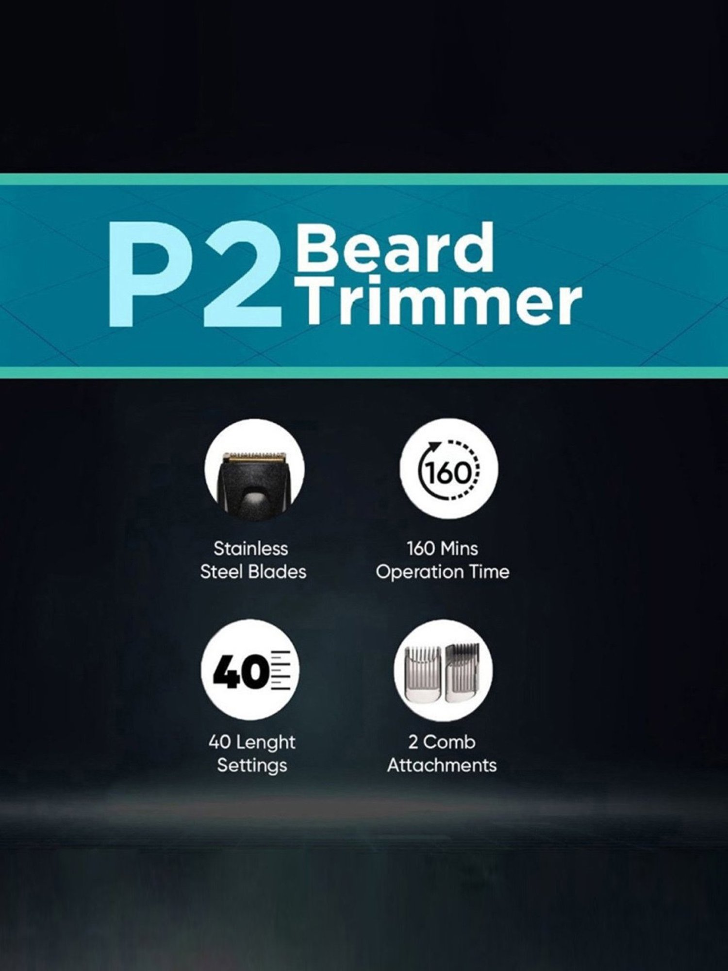 Vega P2 Beard Trimmer for Men with 160 Mins Runtime, Titanium Blades & 40 Length Settings (VHTH-26)