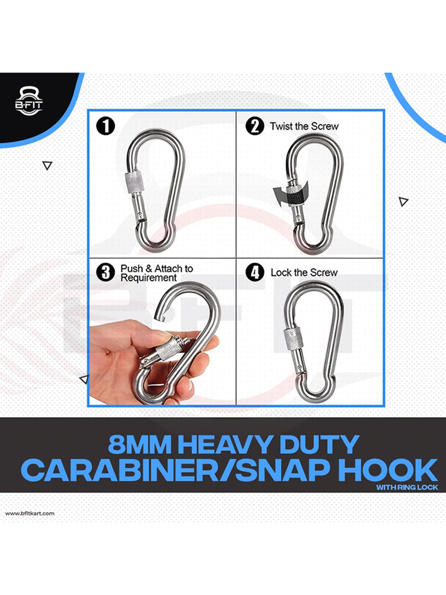 B Fit Spring Hooks with Round Lock and Regular Lock 8 mm 4 Piece (Silver)