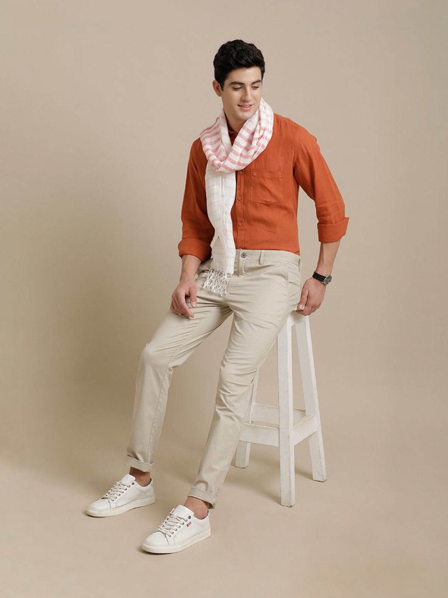 Linen Club Red Striped Pure Linen Stole