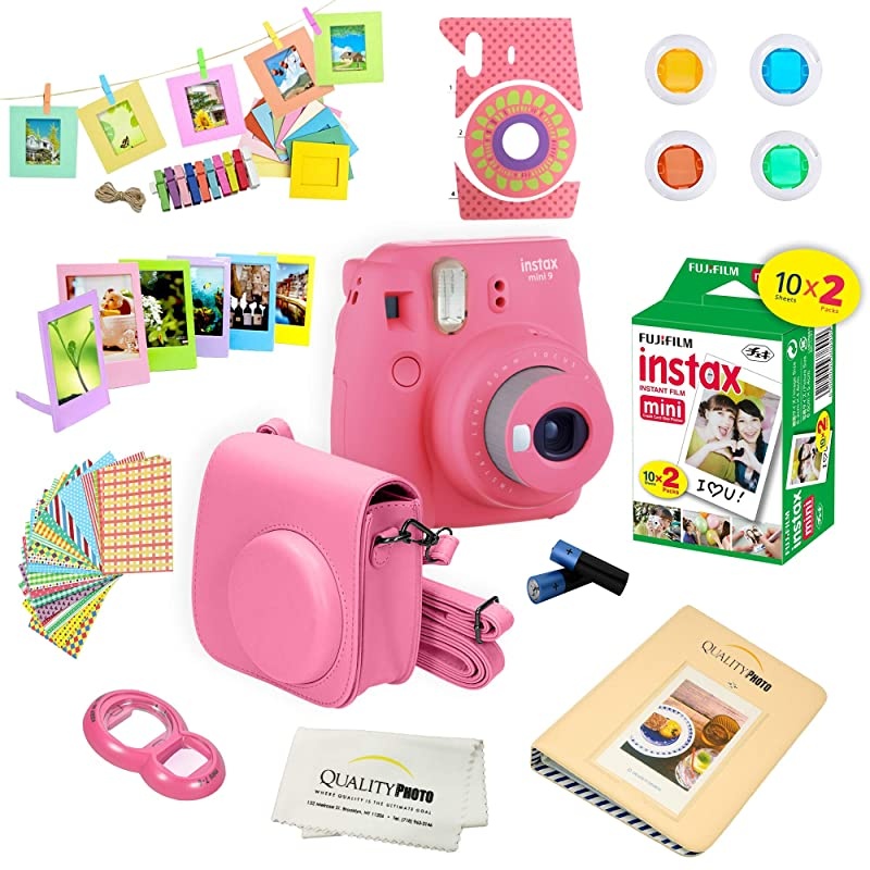 Instax Mini 9 Instant Camera w Instax Mini 9 Instant Films 20 Pack + A14 Pc Deluxe Bundle for  Instax Mini 9 Camera Flamingo pink