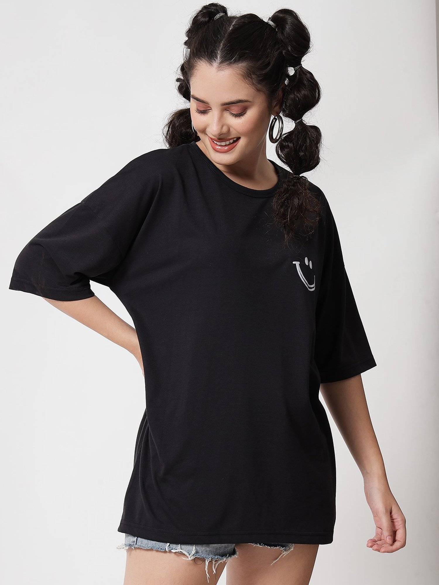 Kotty Black Round Neck Printed T-Shirt