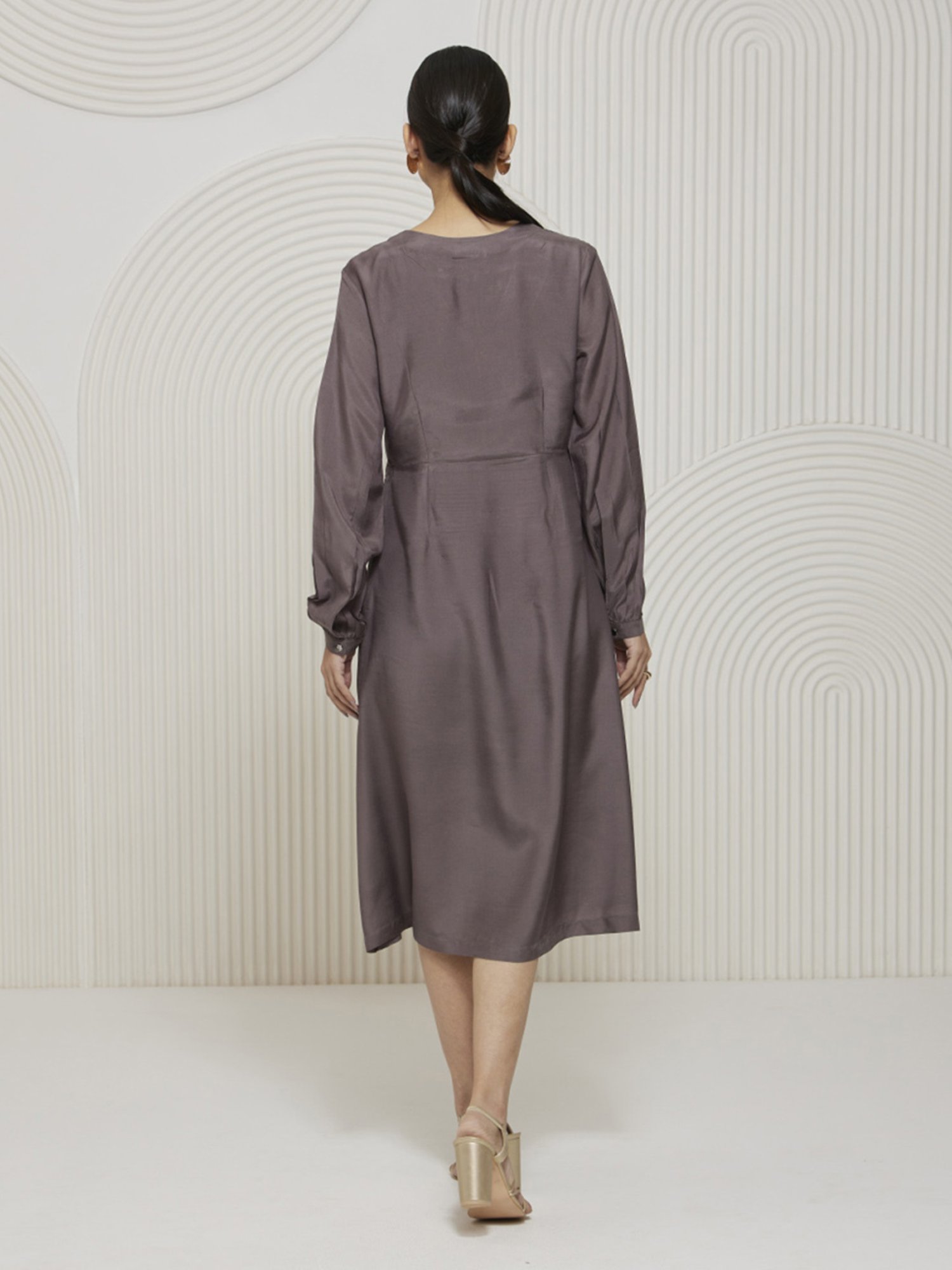 Artagai Granite Grey Kashida Pleated Fit And Flare Dress With Mukesh Work