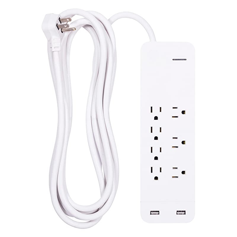 Power Strip Sur Protector with USB Charr 7 Outlets 2 USB Ports Fast Char Flat Plug Extra Long Power Cord 15 Feet Wall Mount Warranty White 36362