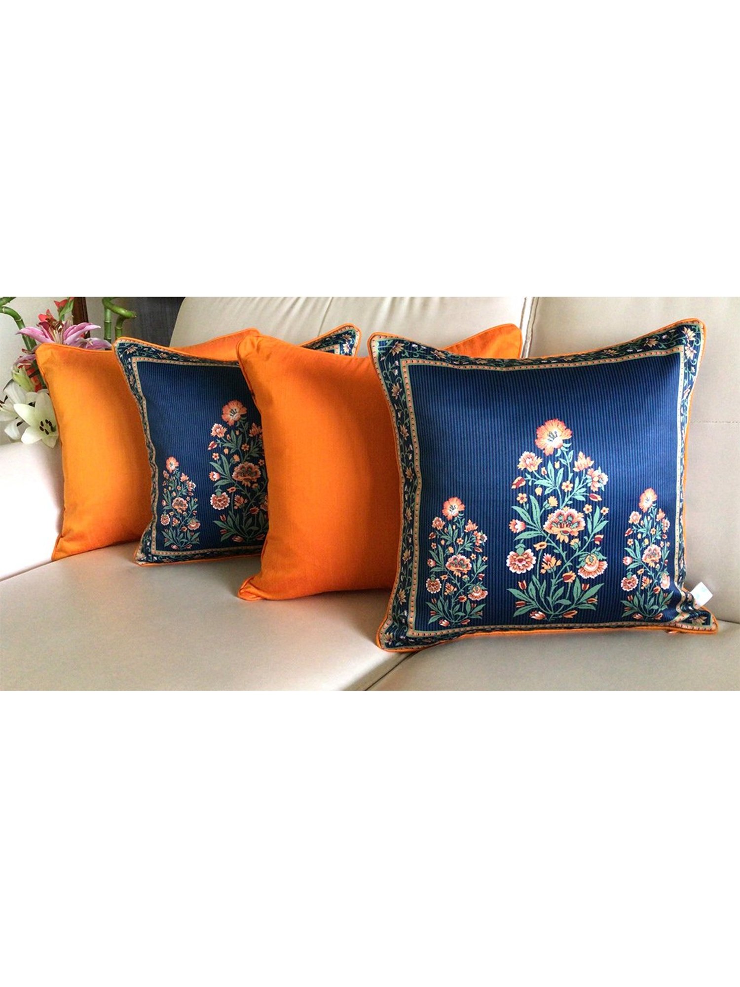 TARA Sparkling Homes Baghs of Gulmarg Blue Polycotton Printed Cushion Cover