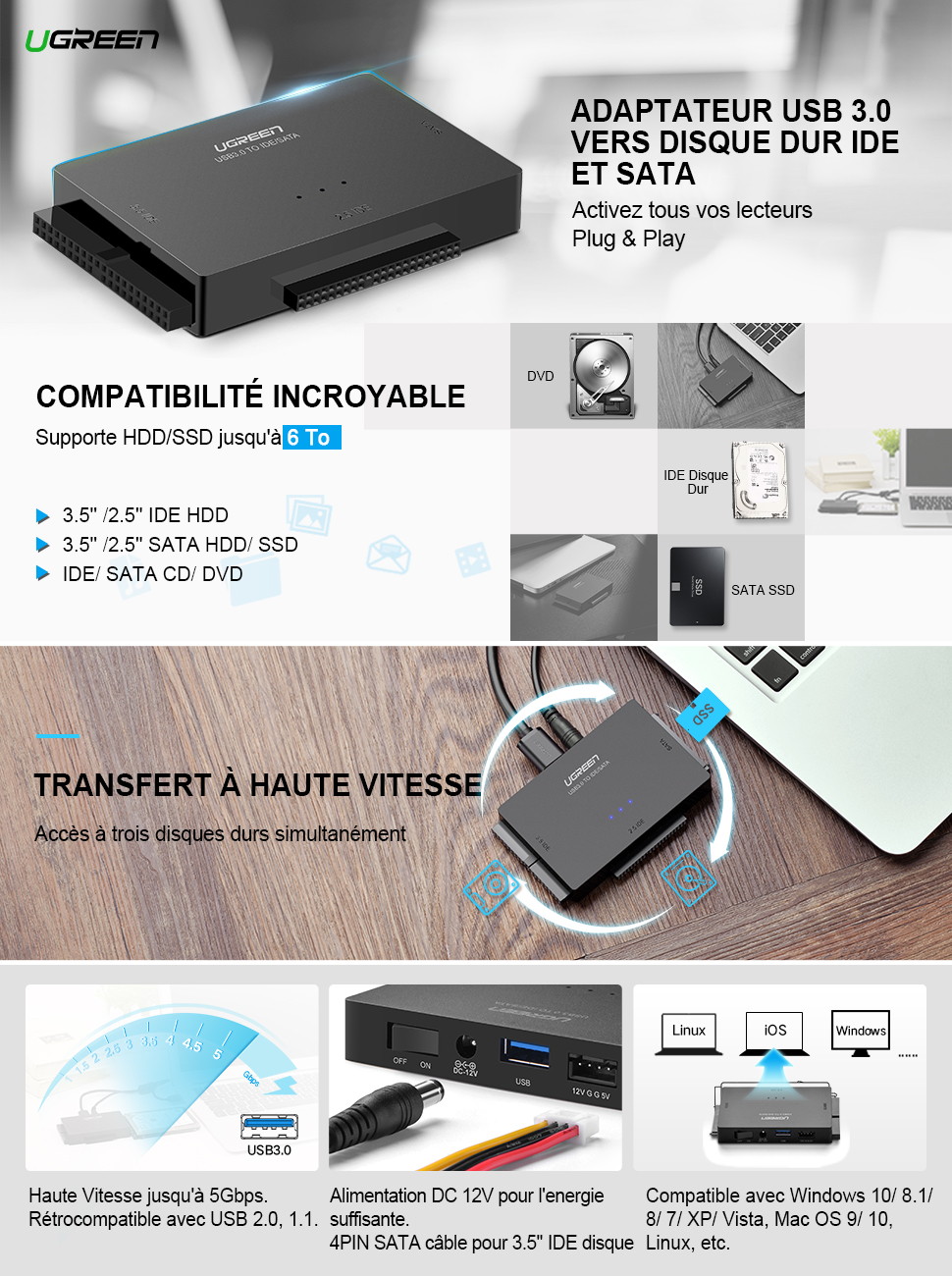 UGREEN USB IDE Adapter USB 3.0 to SATA IDE Hard Drive Cable Adapter Converter for 2.5" 3.5" IDE External SATA HDD SSD Hard Drives Disks with 12V 2A Power Adapter and USB 3.0 Cable for Laptop